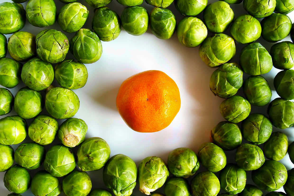 Winter Fruits Collection, orange, green brussels sprouts, SD Desktop Wallpaper
