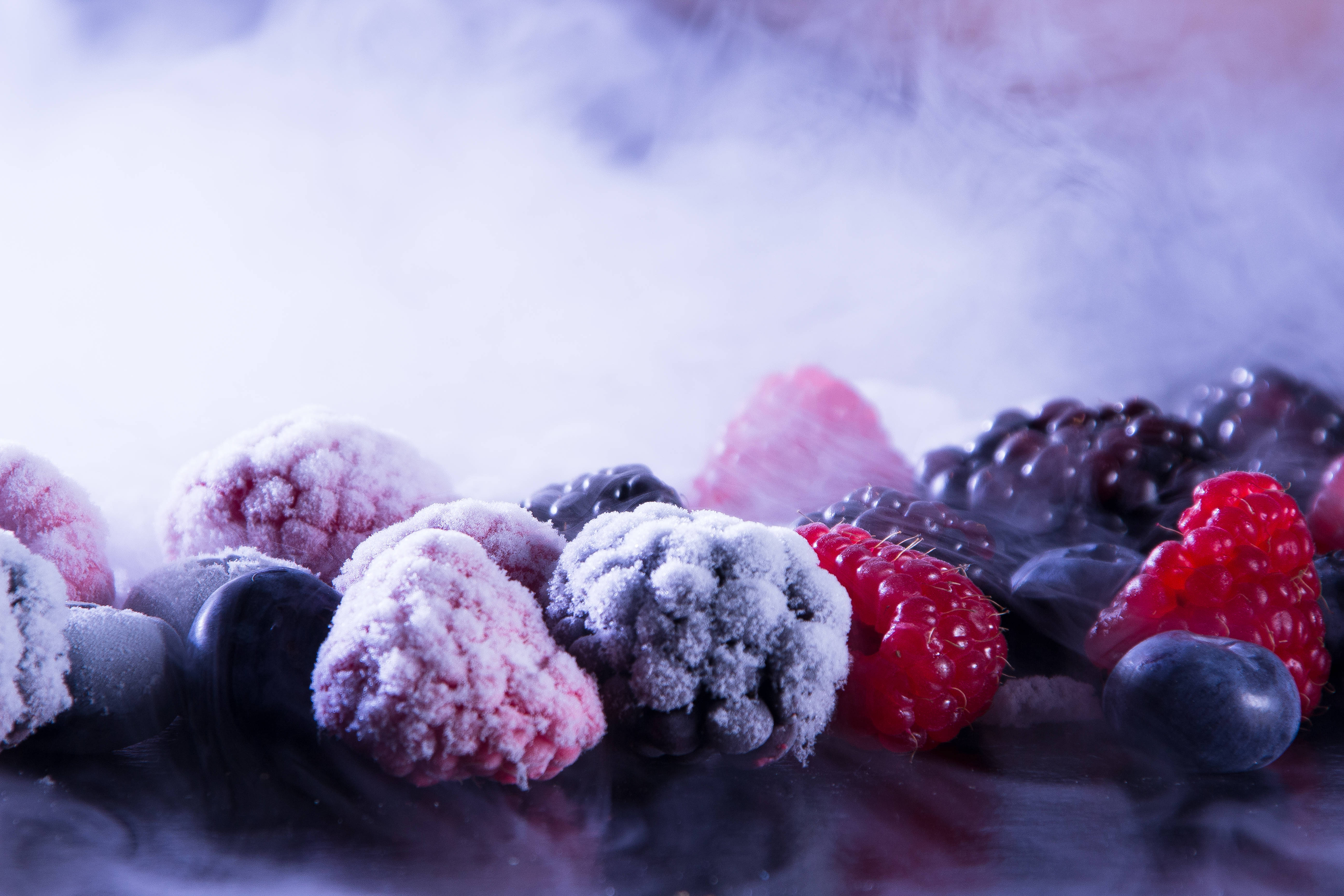 frozen berry fruits, frost, cool purple light, 5K Desktop Wallpaper