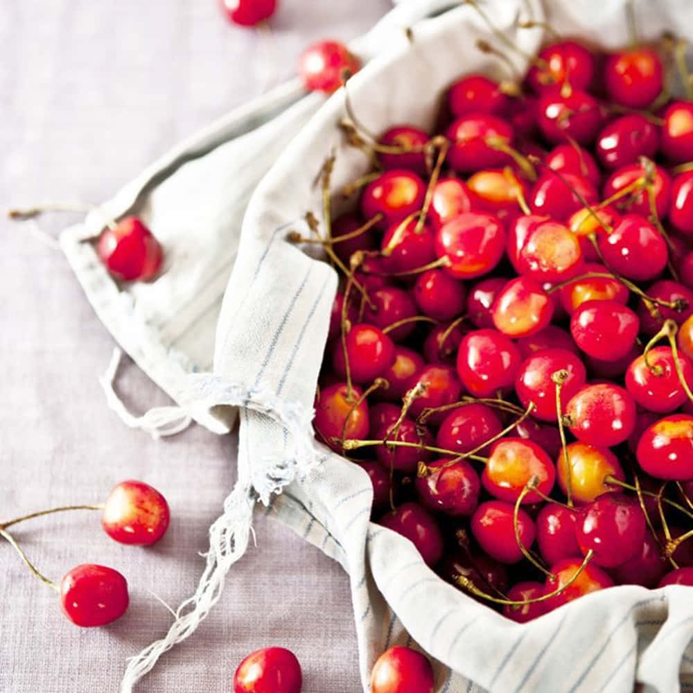 Winter Fruits, red cherries, striped cloth bag, SD Desktop Wallpaper