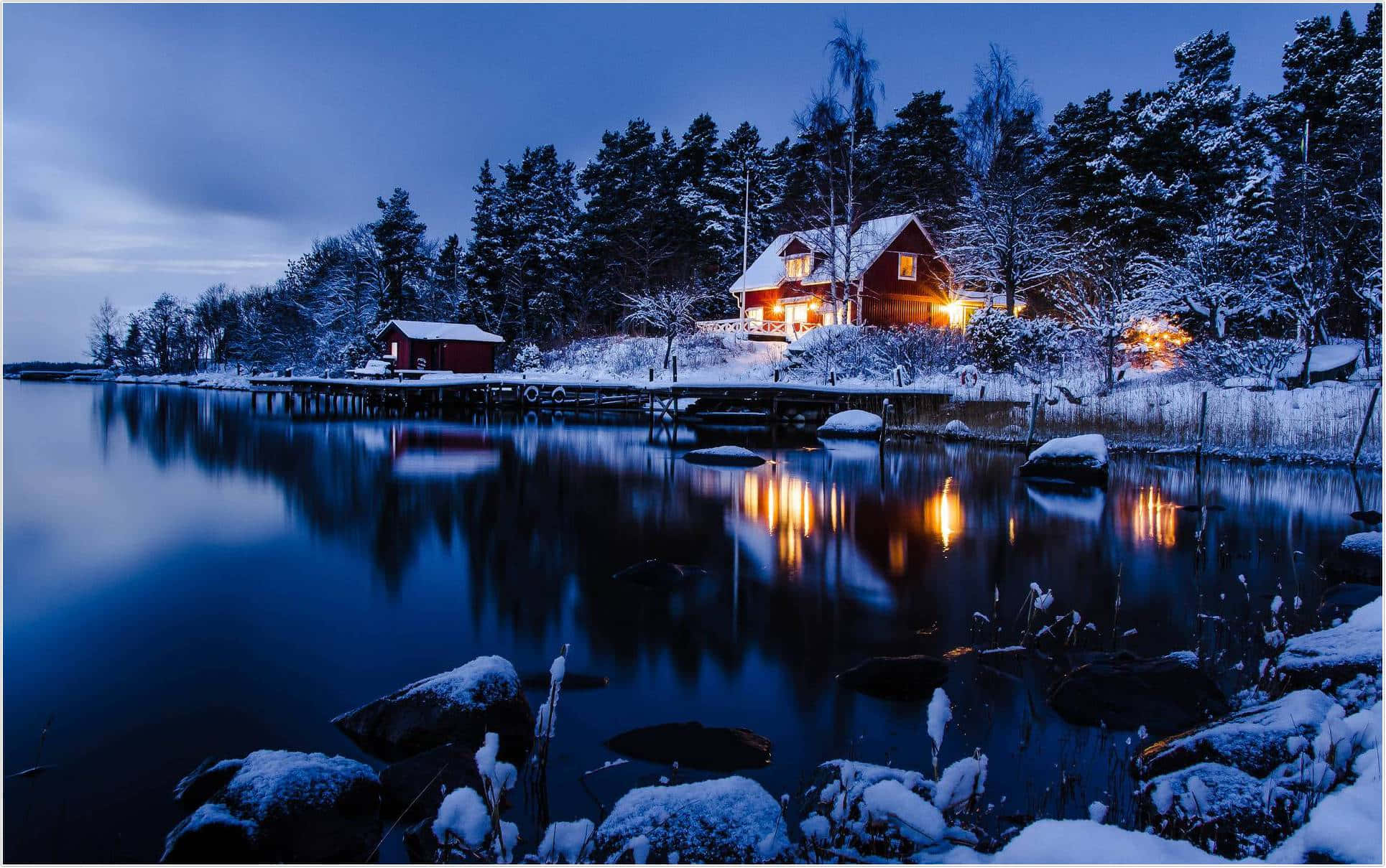 Winter Blues 1929 x 1209, red cabin, snowy forest, Full HD Desktop Wallpaper