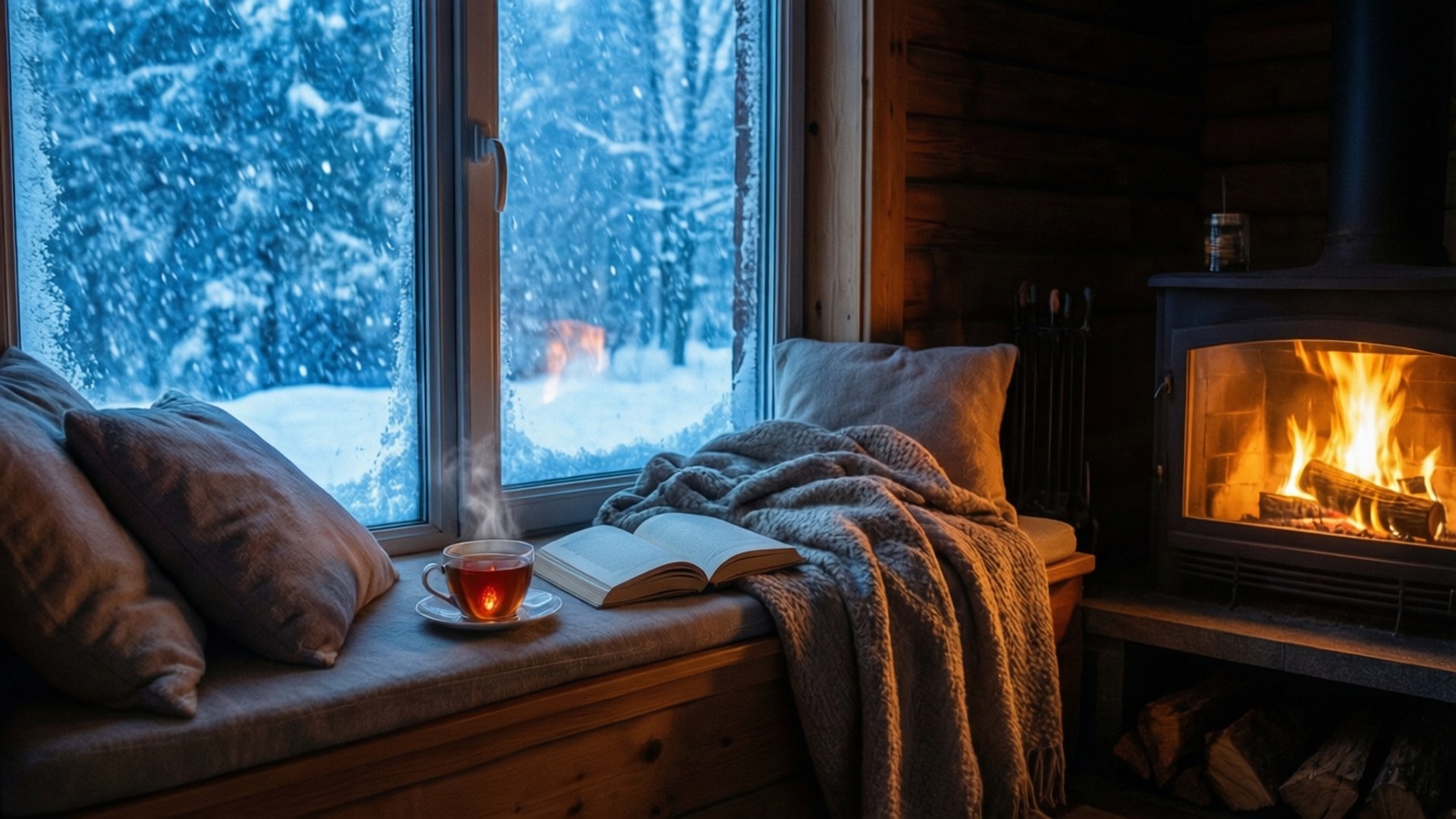 cozy winter nook, snowy window view, blue light, Full HD Desktop Wallpaper
