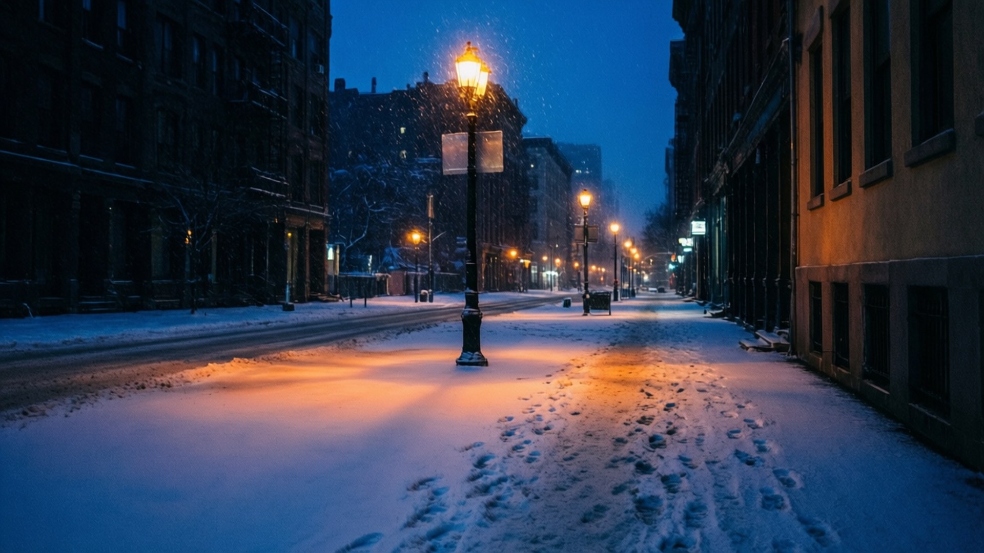 City Snow Blues, snow, quiet city street, Full HD Desktop Wallpaper