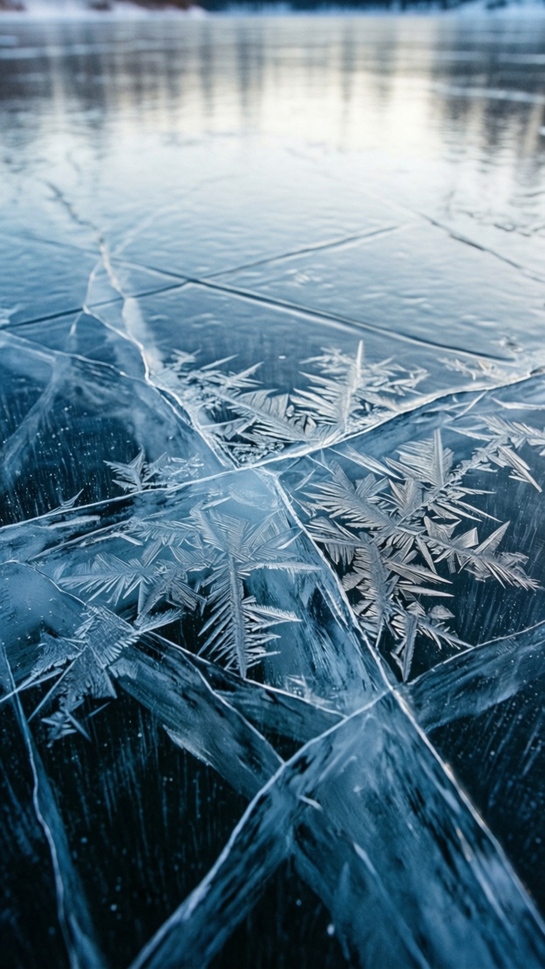 frozen lake, ice crystals, frost patterns, Full HD Phone Wallpaper