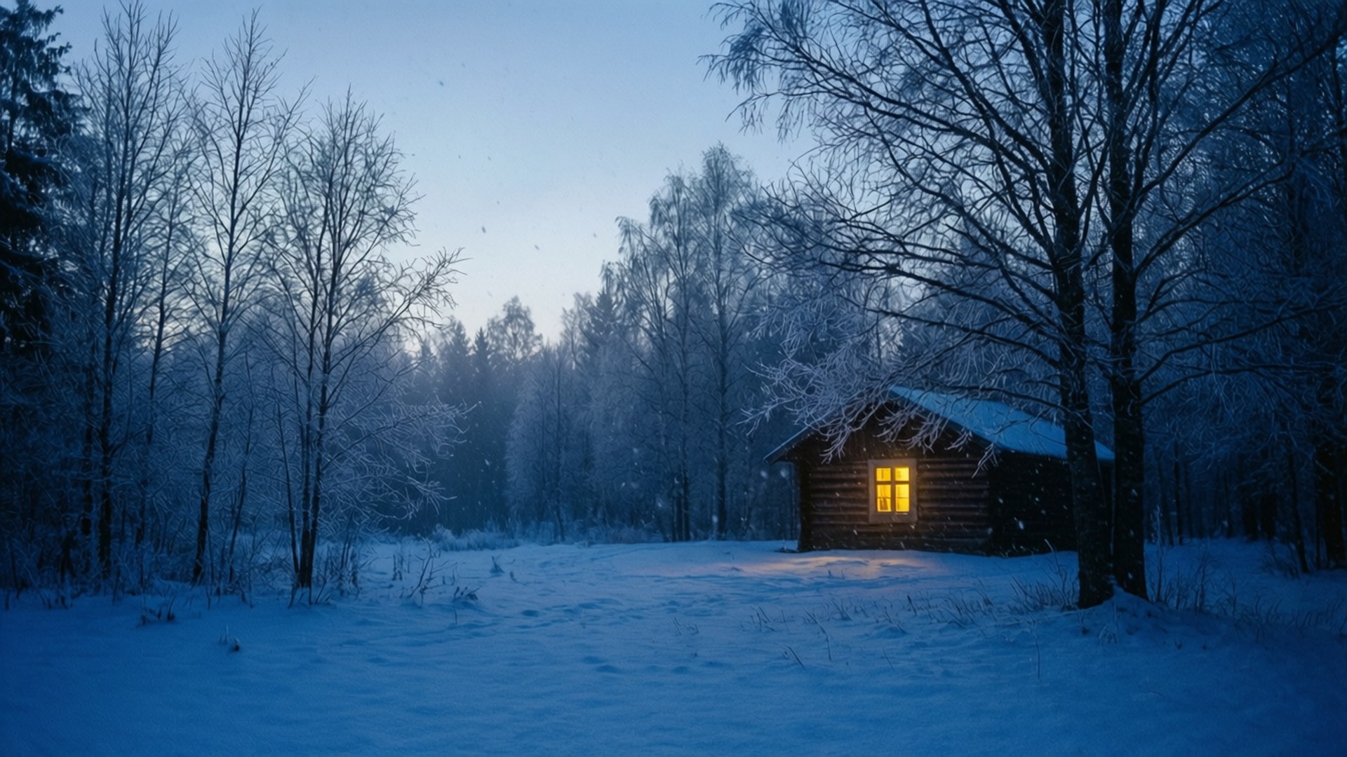 twilight cabin snow, cozy wooden cabin, snowy forest, Full HD Desktop Wallpaper