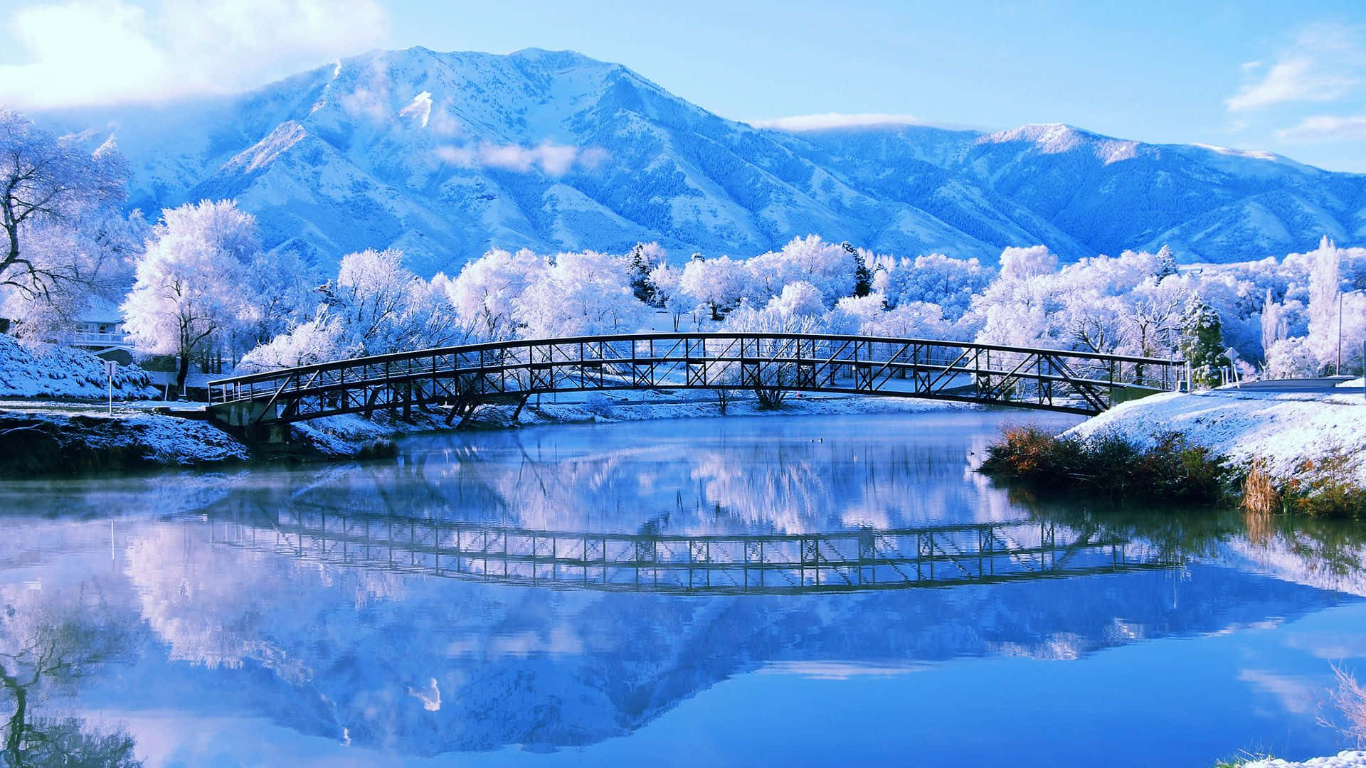 Winter Blues, snow-covered bridge, calm blue river, Full HD Desktop Wallpaper