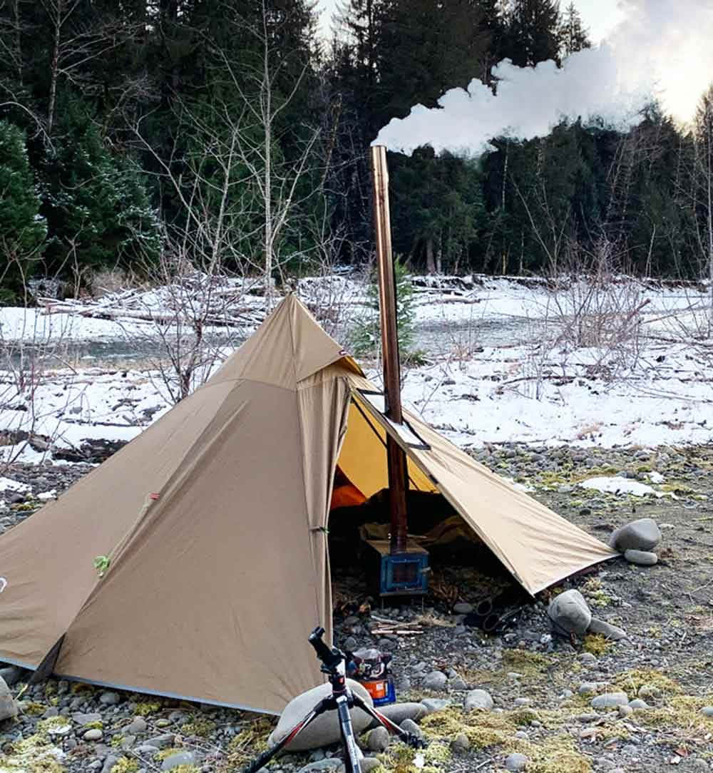tan teepee tent, wood stove chimney, smoke, SD Phone Wallpaper
