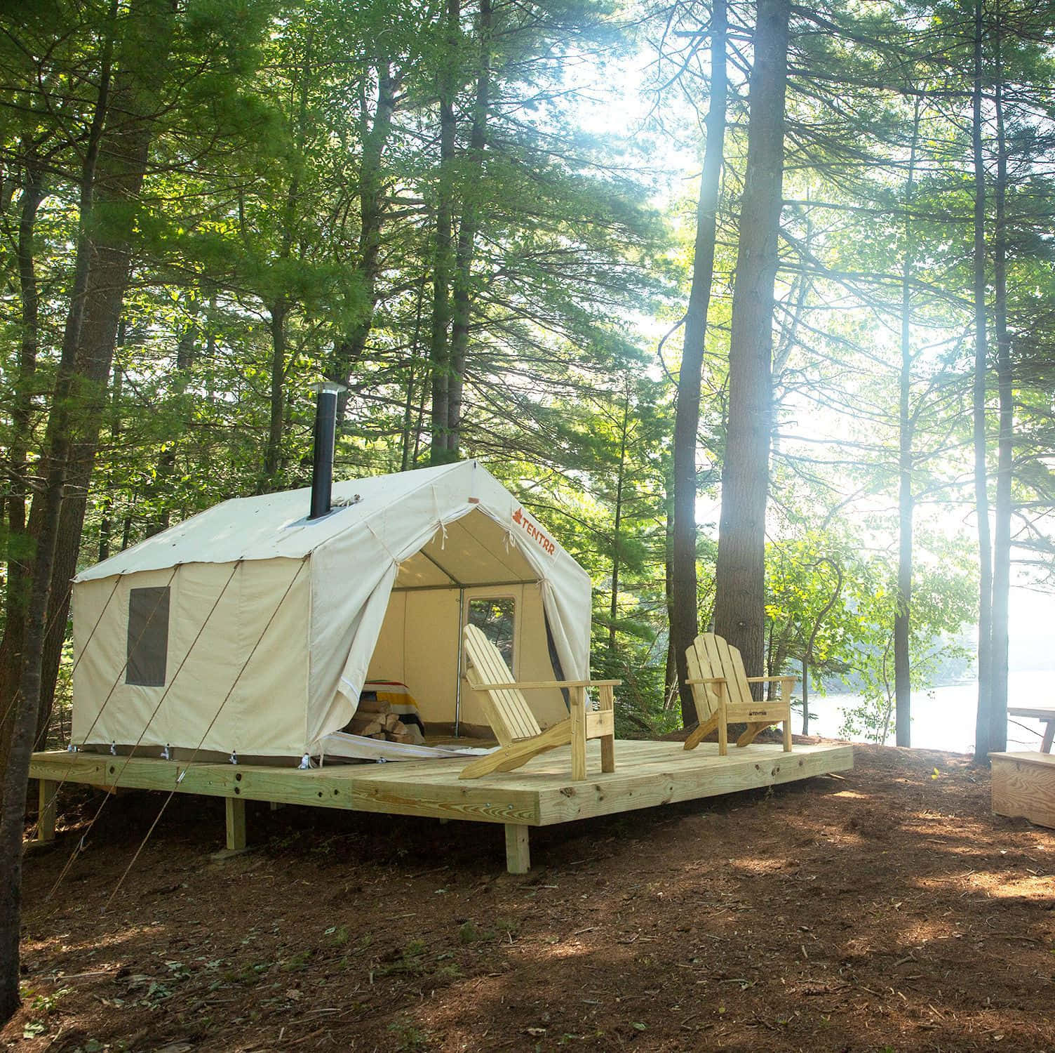 beige glamping tent, wooden deck, tall pine trees, HD Desktop Wallpaper