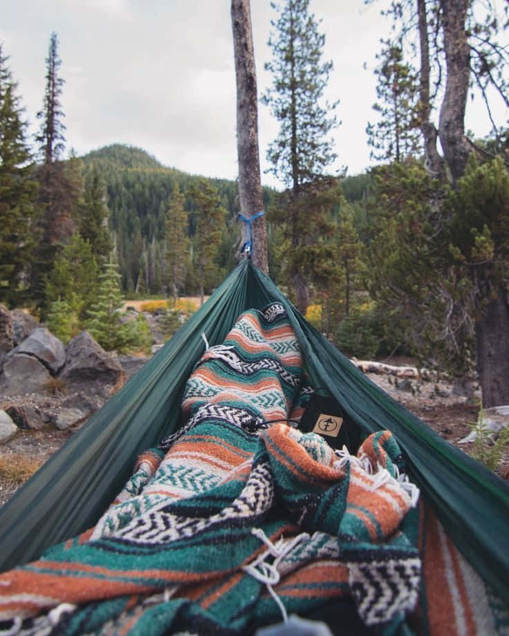winter camping, green hammock, patterned blanket, SD Phone Wallpaper