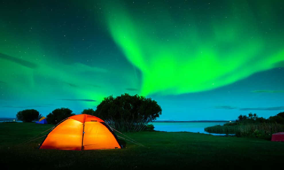 winter camping, orange tent, green aurora borealis, SD Desktop Wallpaper