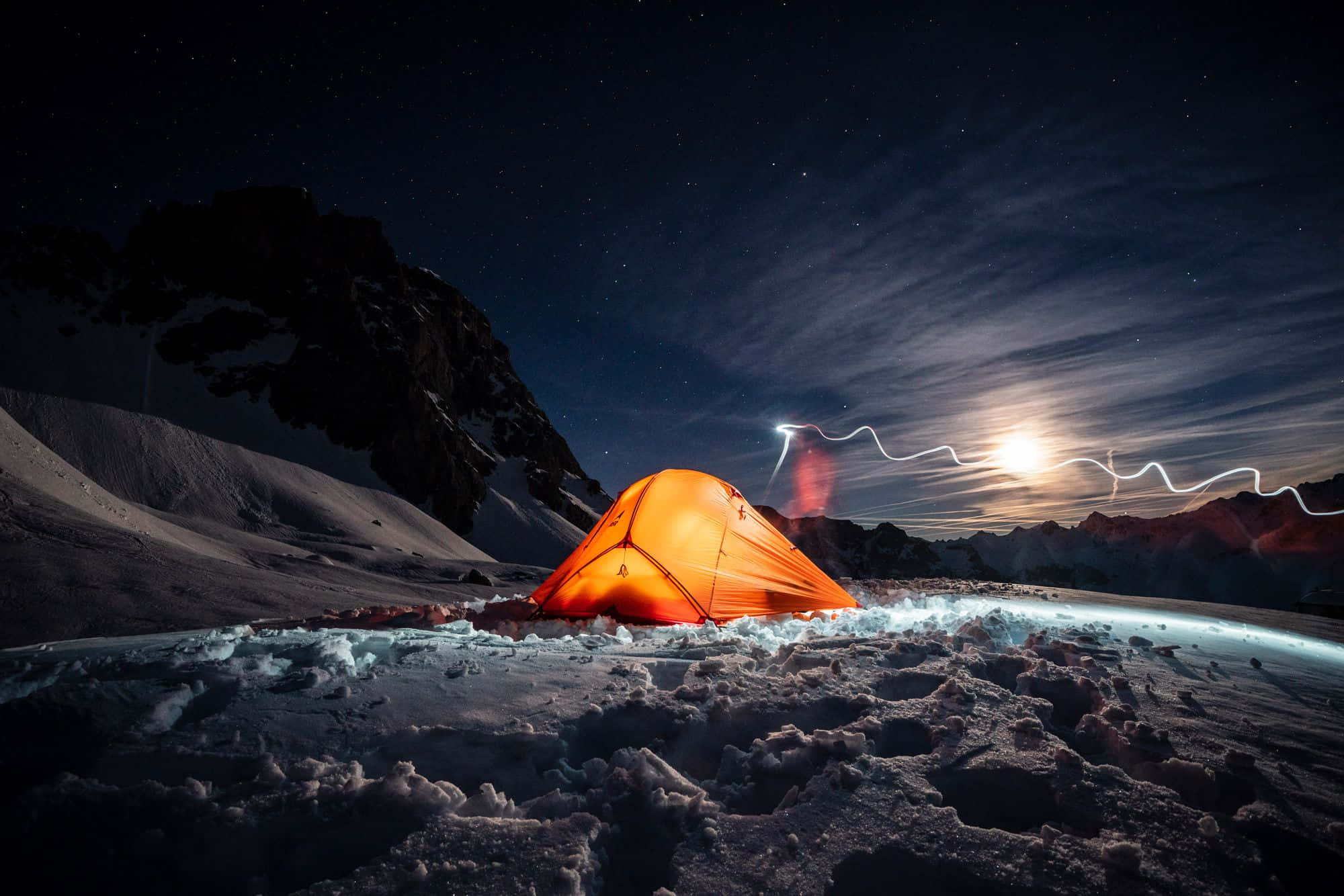 winter camping, snowy mountains, glowing orange tent, Full HD Desktop Wallpaper
