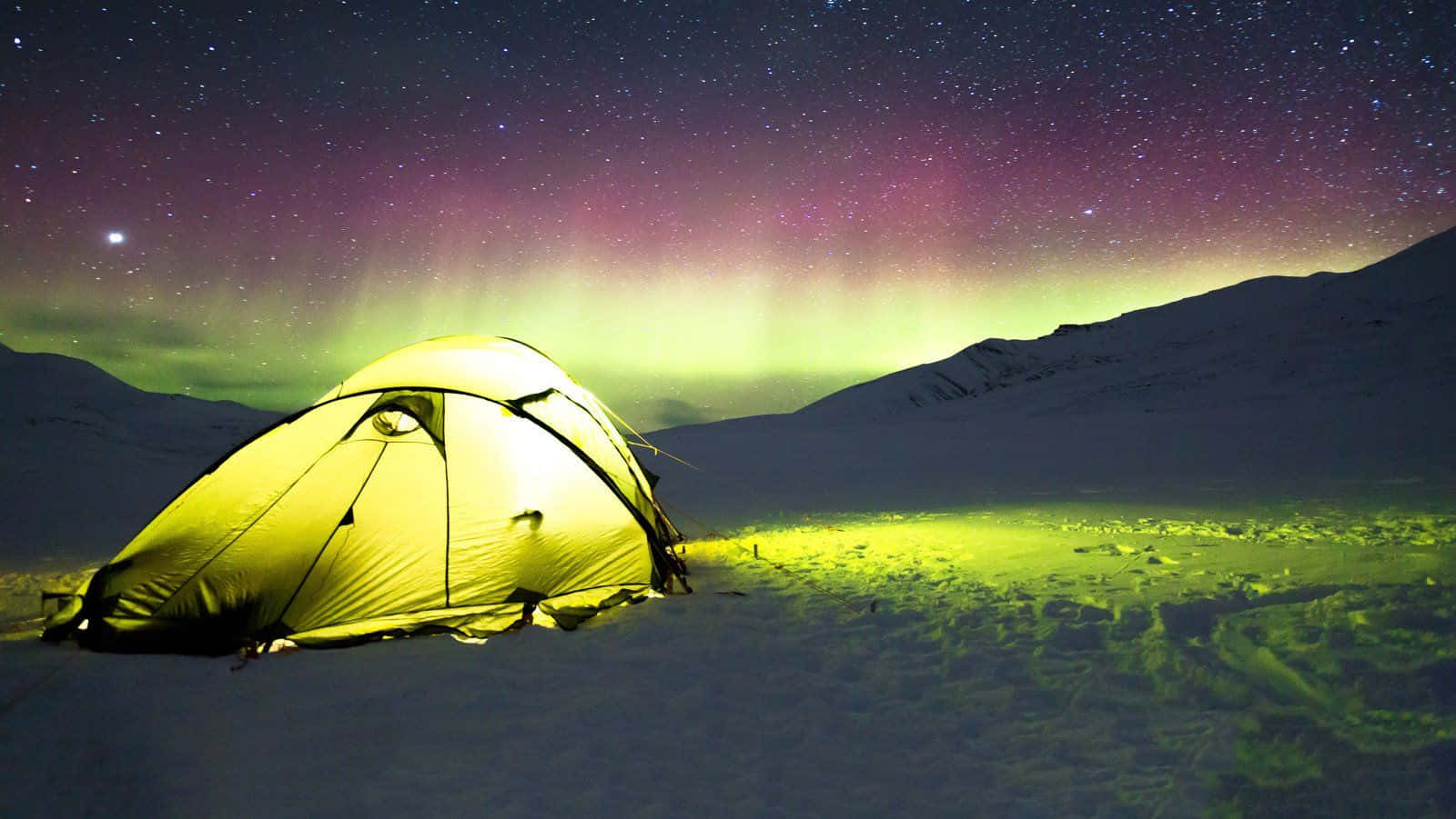 yellow tent, snowy mountains, vibrant green and purple aurora borealis, HD Desktop Wallpaper