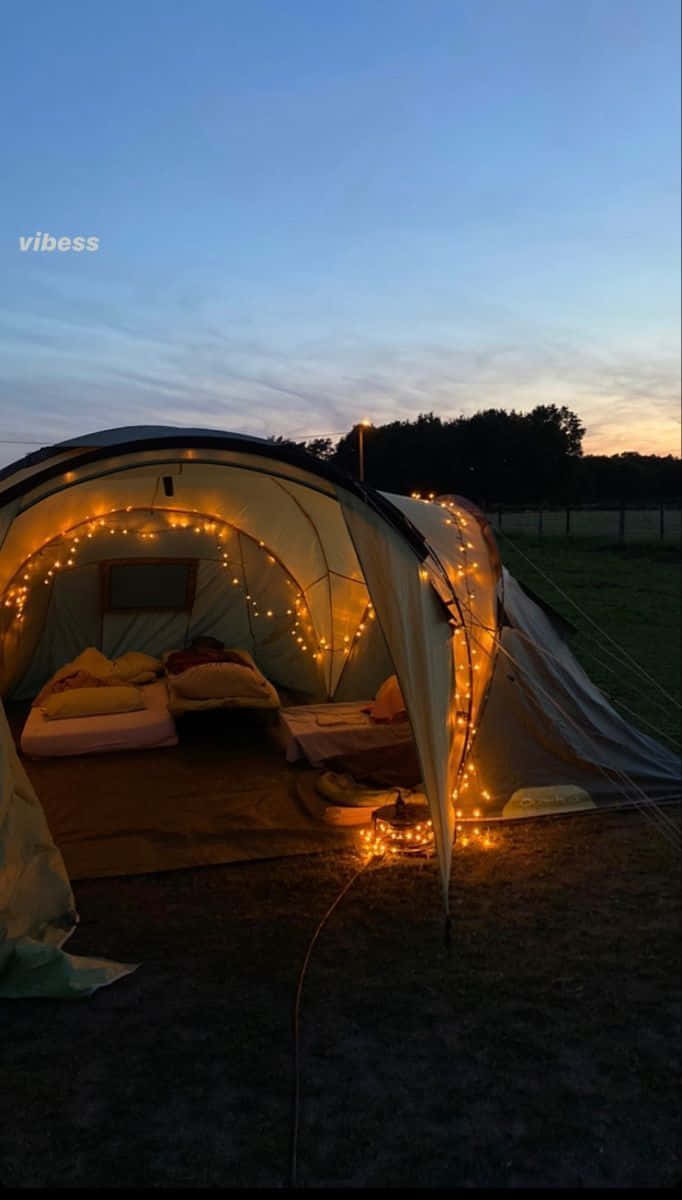 winter camping, twilight, string lights, SD Phone Wallpaper
