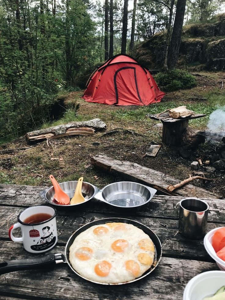 red camping tent, forest, wooden table, SD Phone Wallpaper