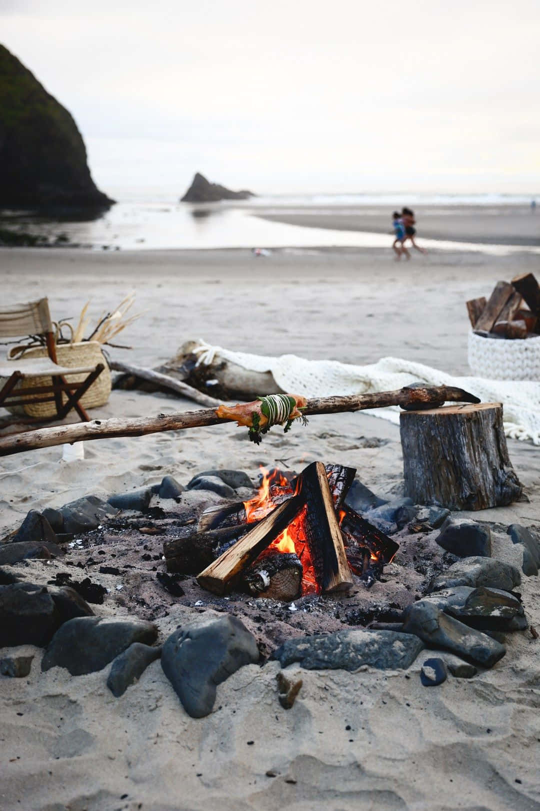 Winter Camping, beach campfire, roasted meat on a stick, HD Phone Wallpaper