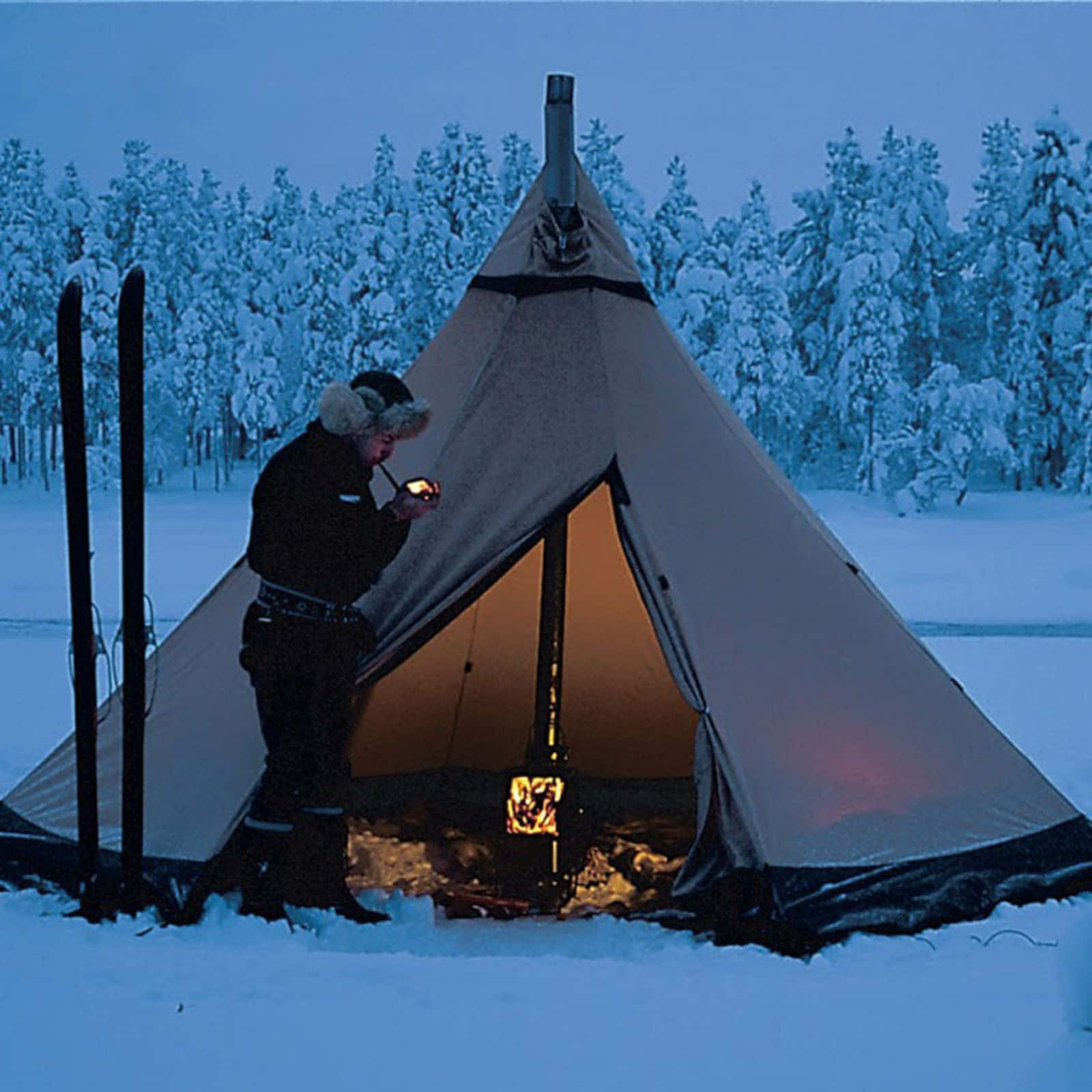 winter camping, snow-covered teepee, dusk, HD Desktop Wallpaper