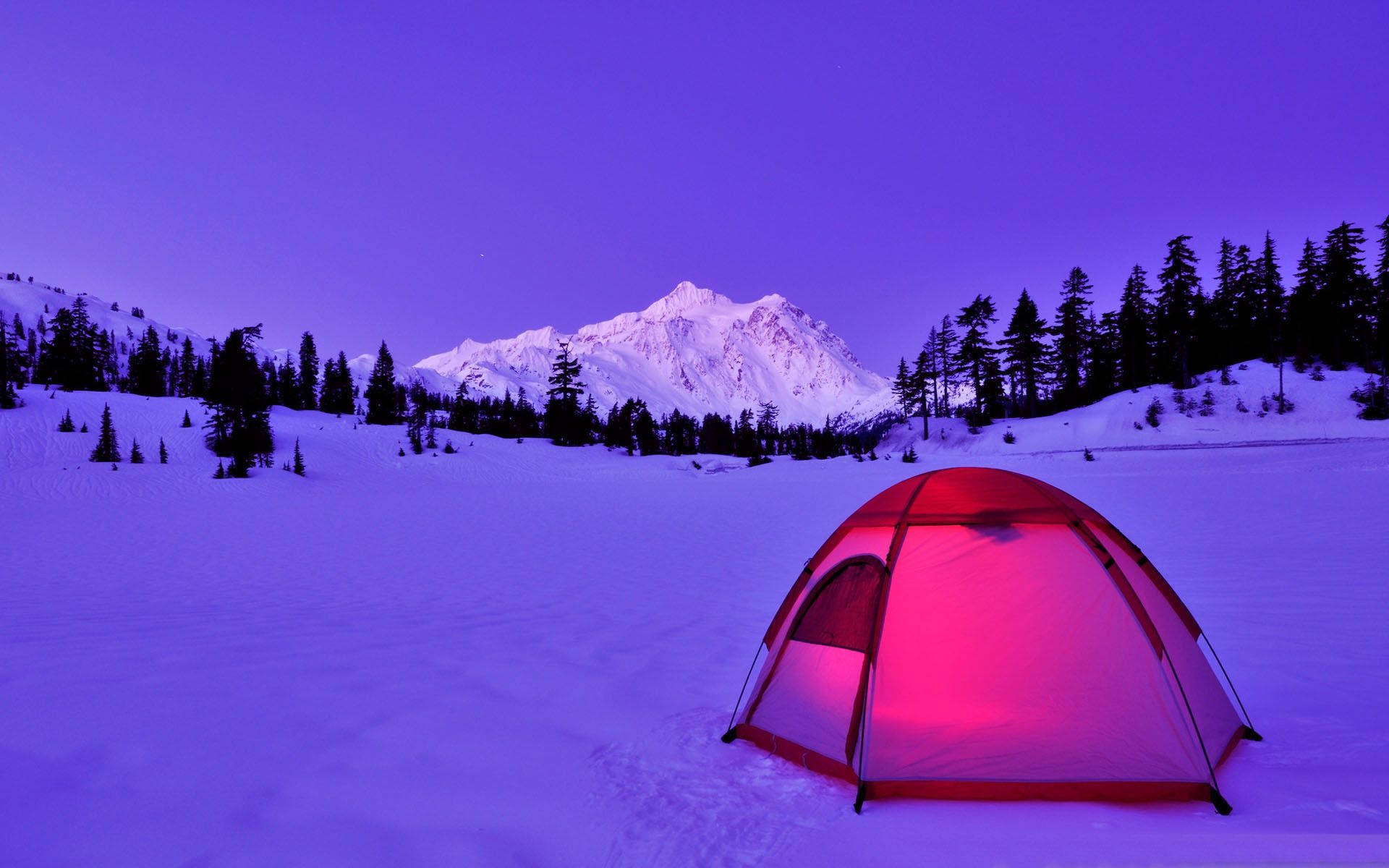 glowing red tent, snowy wilderness, vibrant purple twilight sky, Full HD Desktop Wallpaper