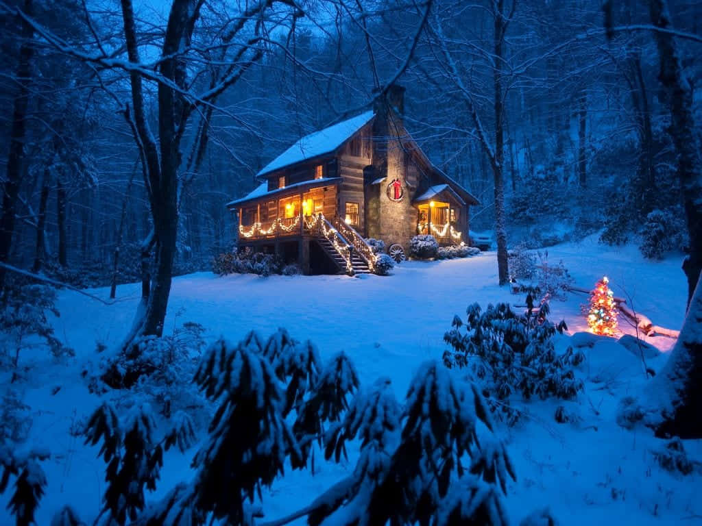 cozy winter cabin, snow-covered cabin, glows warmly at night, SD Desktop Wallpaper