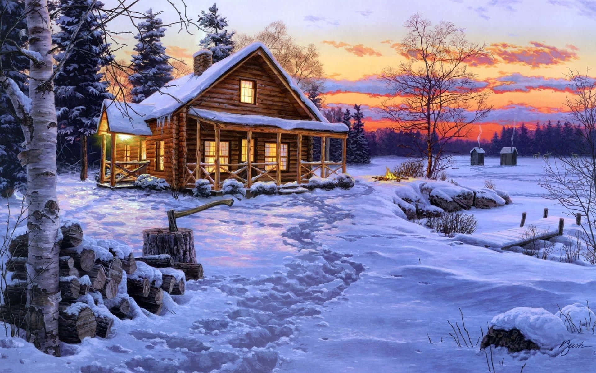 cozy winter cabin, snow-covered log cabin, vibrant winter sunset, Full HD Desktop Wallpaper