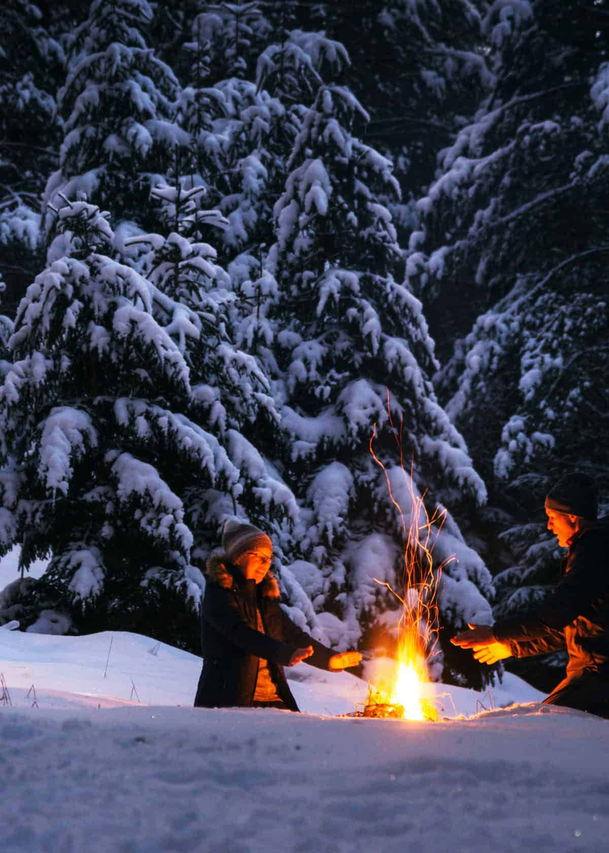 Winter Camping, snowy forest, campfire, HD Phone Wallpaper