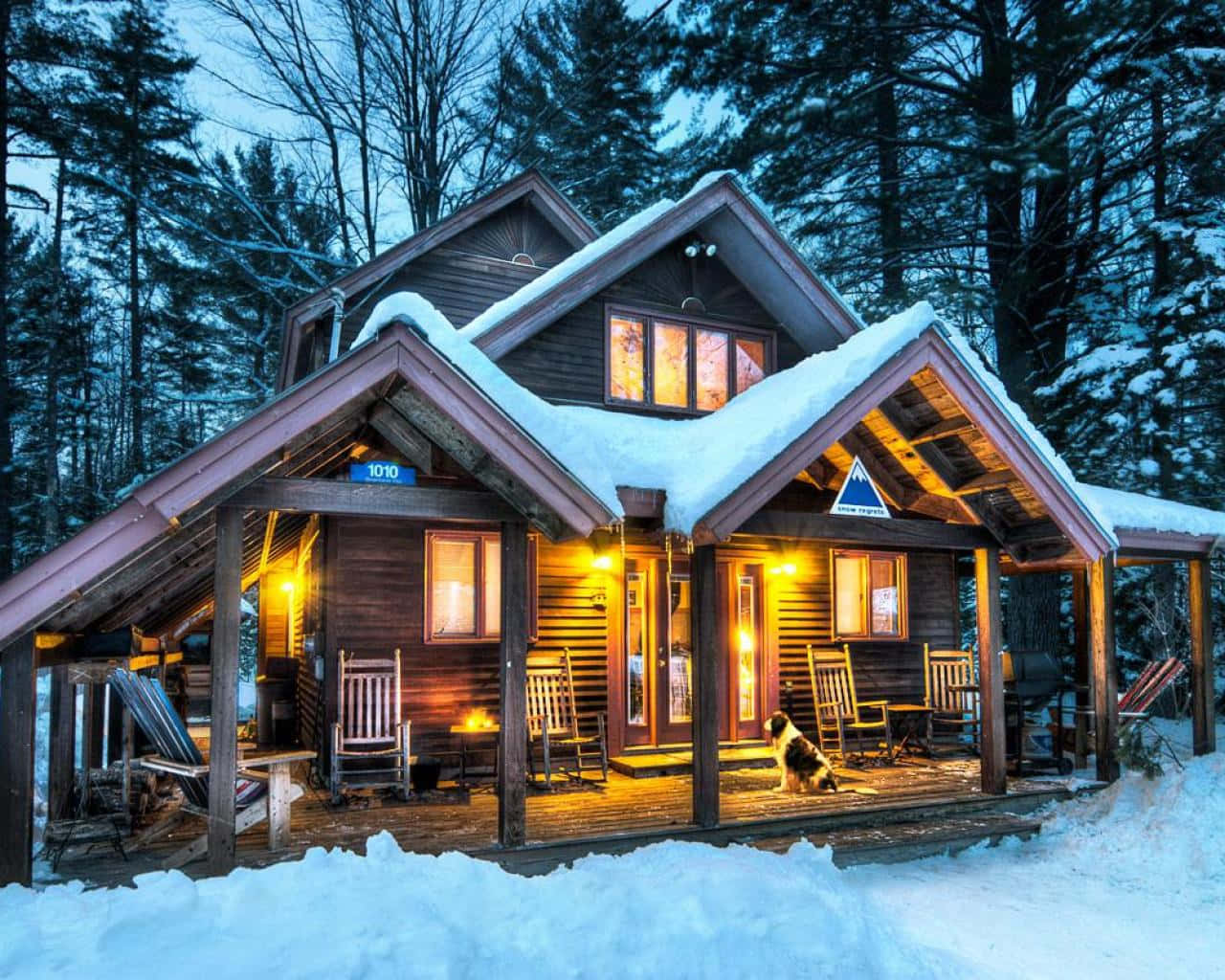 cozy winter cabin, snow-covered cabin, dusk, HD Desktop Wallpaper