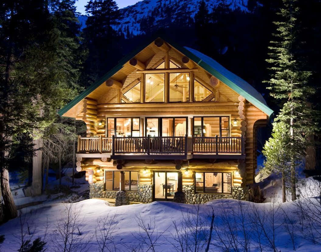 cozy winter cabin, log cabin, snowy mountain backdrop, SD Desktop Wallpaper