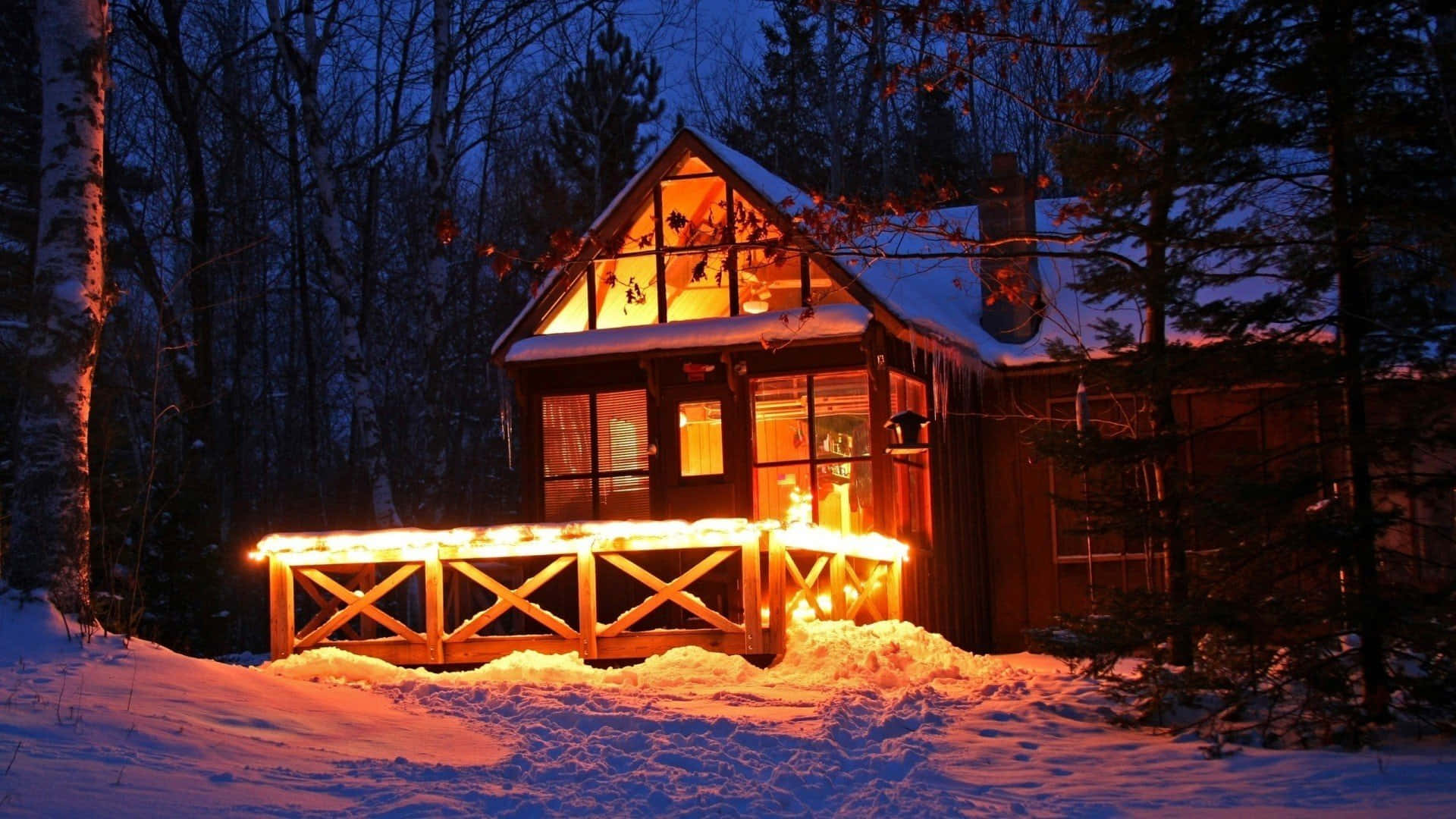 cozy winter cabin, snowy woods, twilight, Full HD Desktop Wallpaper