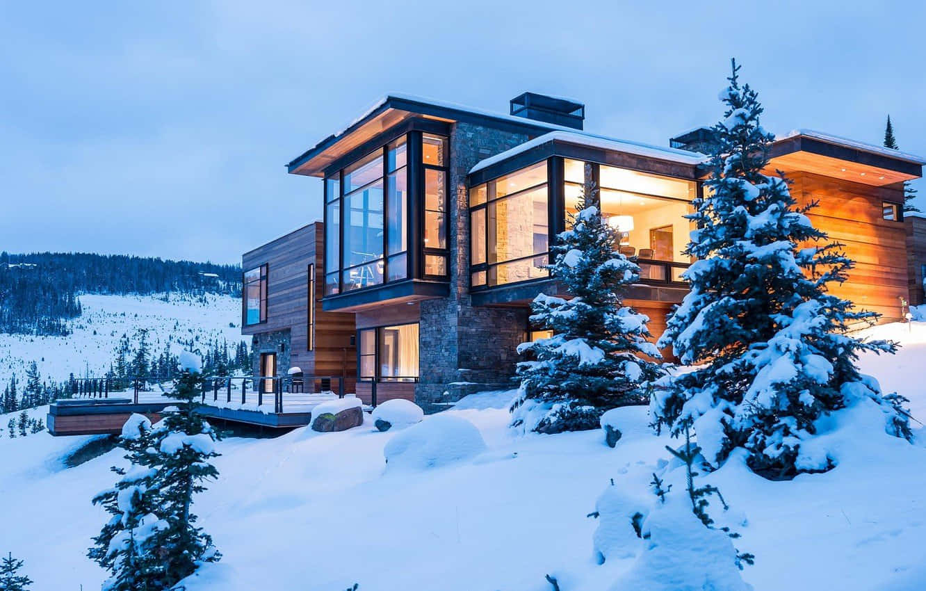 cozy winter cabin, snow-covered forest, twilight sky, HD Desktop Wallpaper