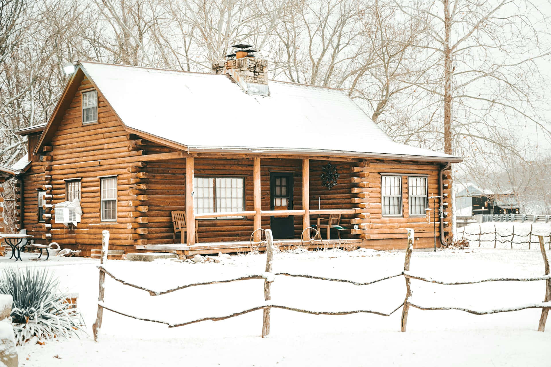 log cabin, snow, bare trees, Full HD Desktop Wallpaper