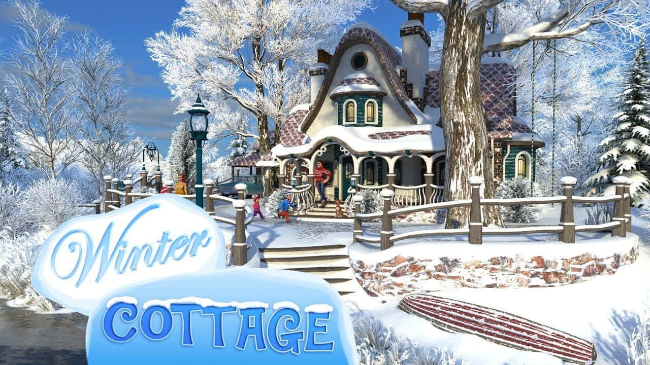 cozy winter cabin, snow-covered trees, children playing outside, HD Desktop Wallpaper