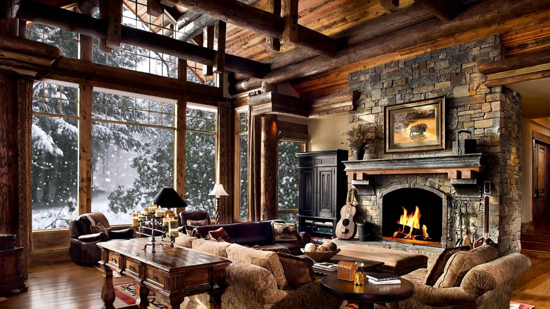 snowy forest view, cozy winter cabin, stone fireplace, Full HD Desktop Wallpaper