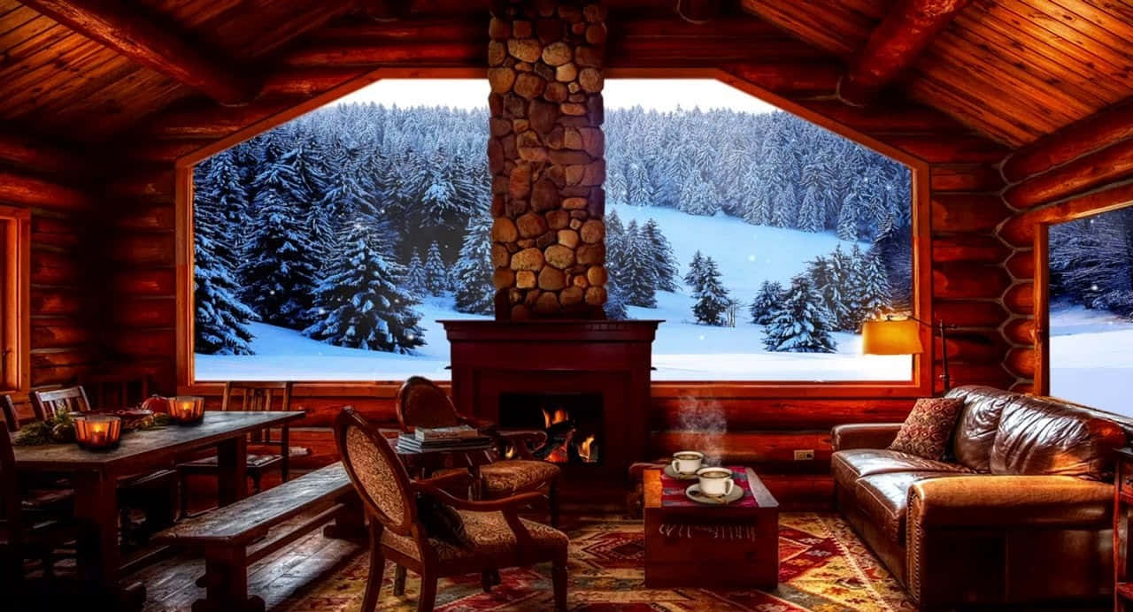 cozy log cabin, stone fireplace, snow-covered pine forest, HD Desktop Wallpaper