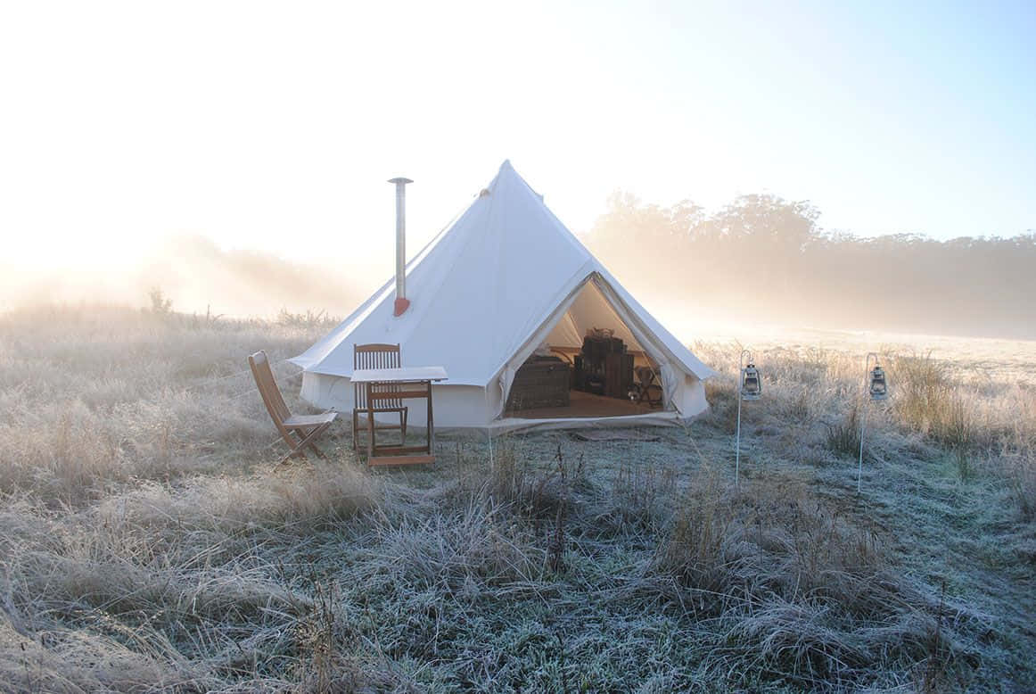 white bell tent, chimney, frosty field, SD Desktop Wallpaper
