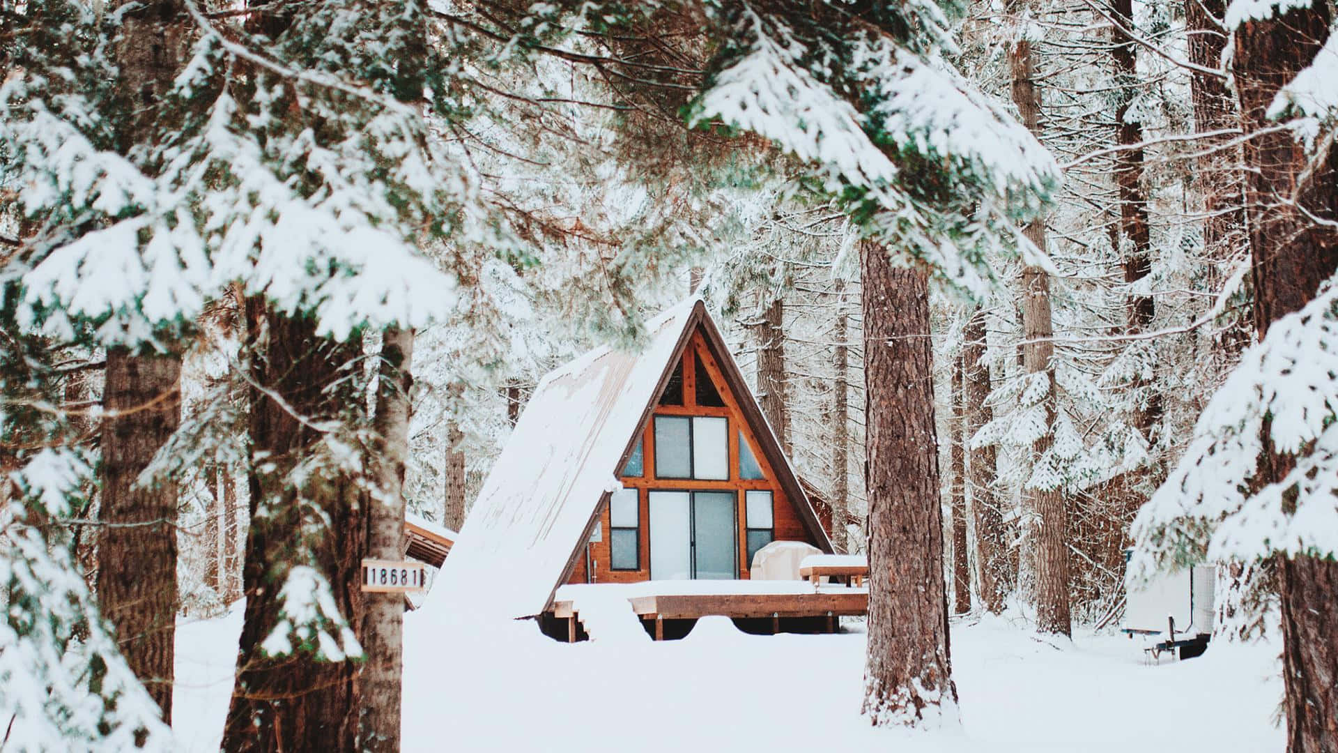 cozy wooden a-frame cabin, snowy pine forest, soft winter light, Full HD Desktop Wallpaper