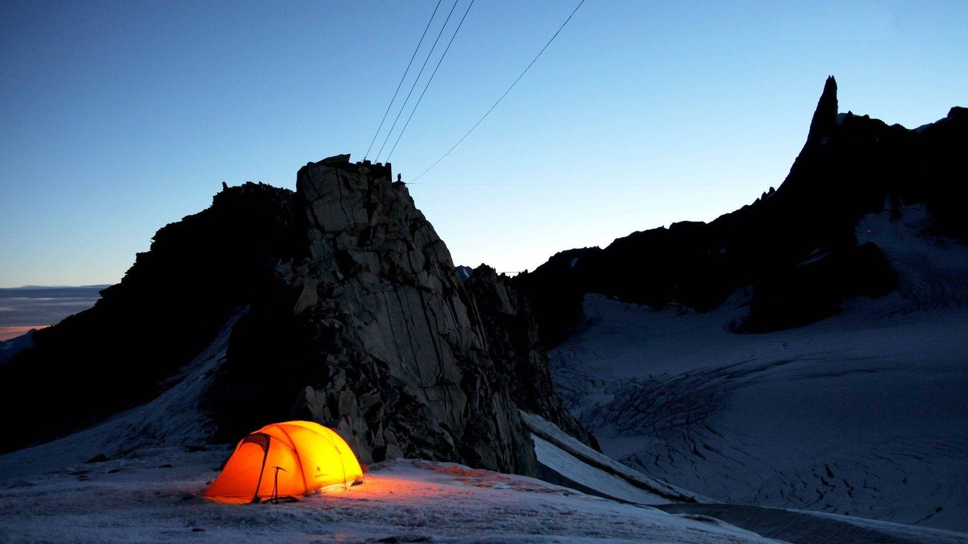 glowing orange tent, snowy mountains, twilight, Full HD Desktop Wallpaper