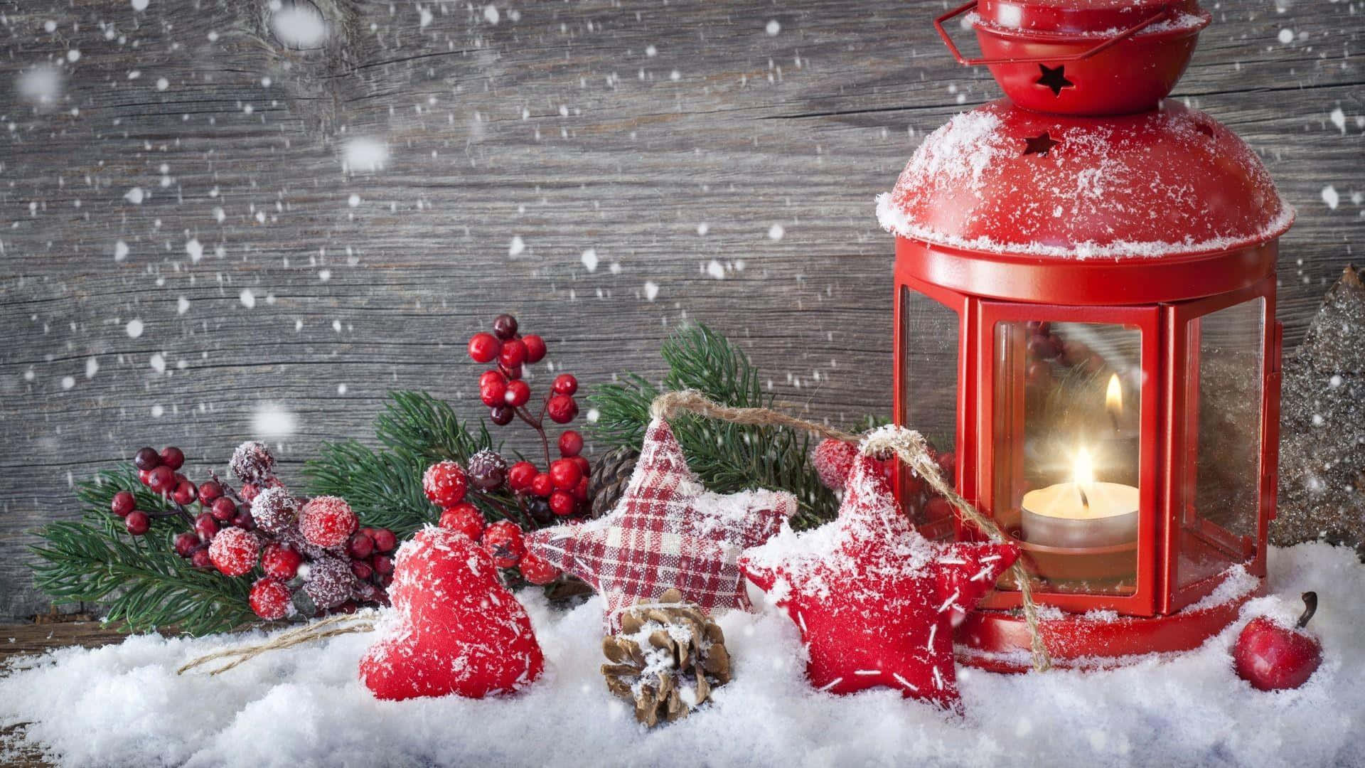 Winter Christmas Desktop, glowing red lantern, snow-dusted pine branches, Full HD Desktop Wallpaper