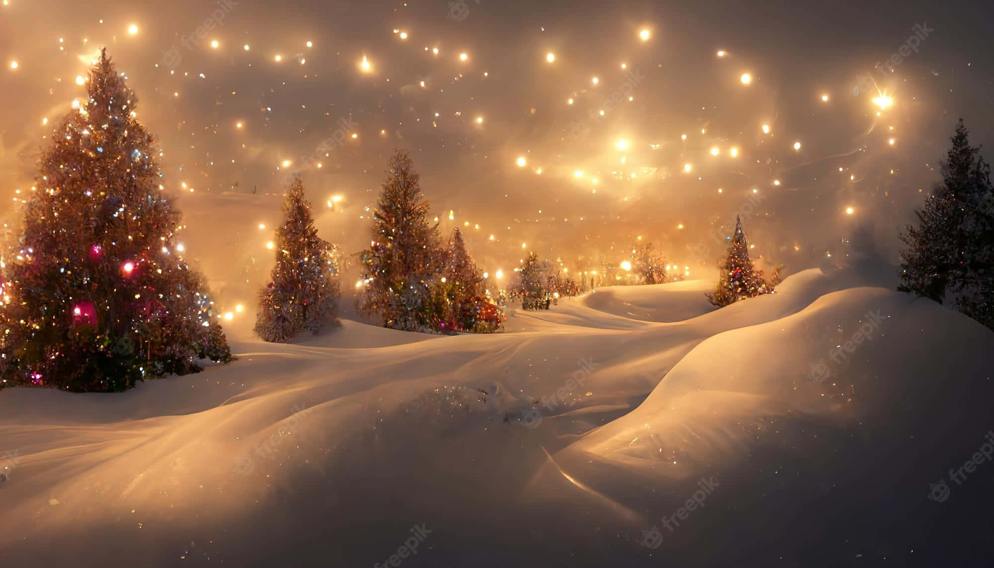 Winter Christmas Desktop, snowy pine trees, festive lights, Full HD Desktop Wallpaper