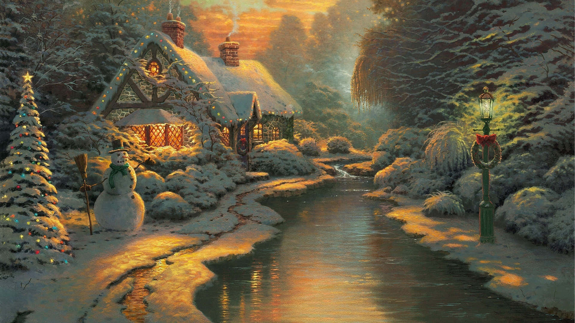Winter Christmas Desktop, snow-covered cottage, reflective stream, Full HD Desktop Wallpaper
