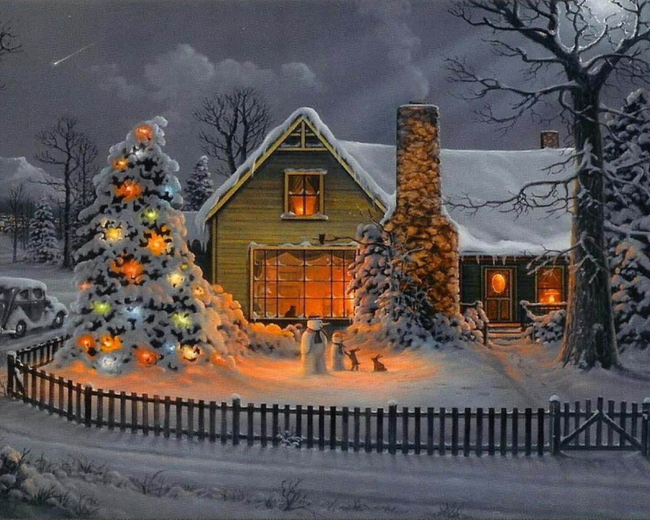 Winter Christmas Desktop, snow-covered cottage, decorated tree, HD Desktop Wallpaper
