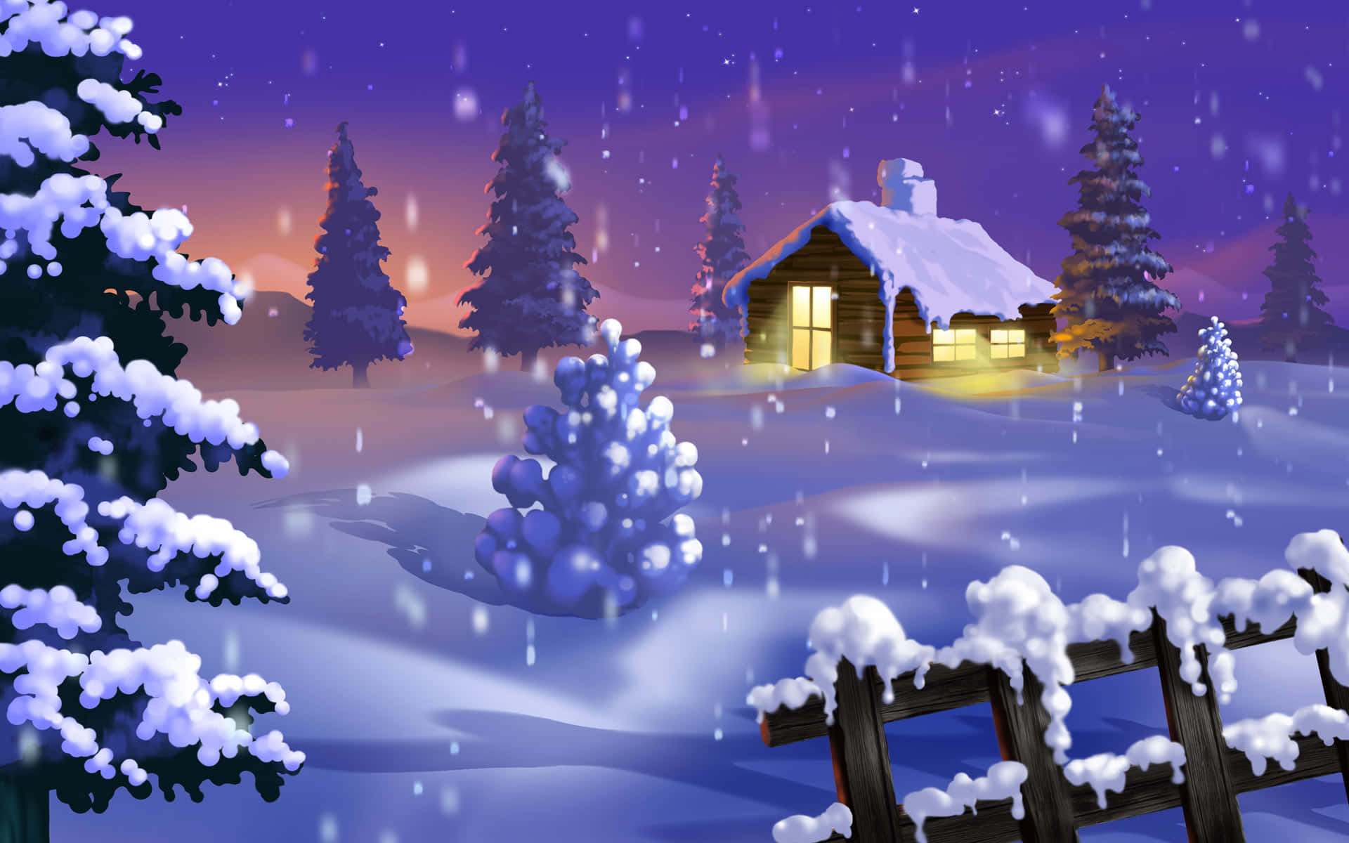 Winter Christmas Bright House Desktop, snow-covered cabin, starry purple twilight sky, Full HD Desktop Wallpaper
