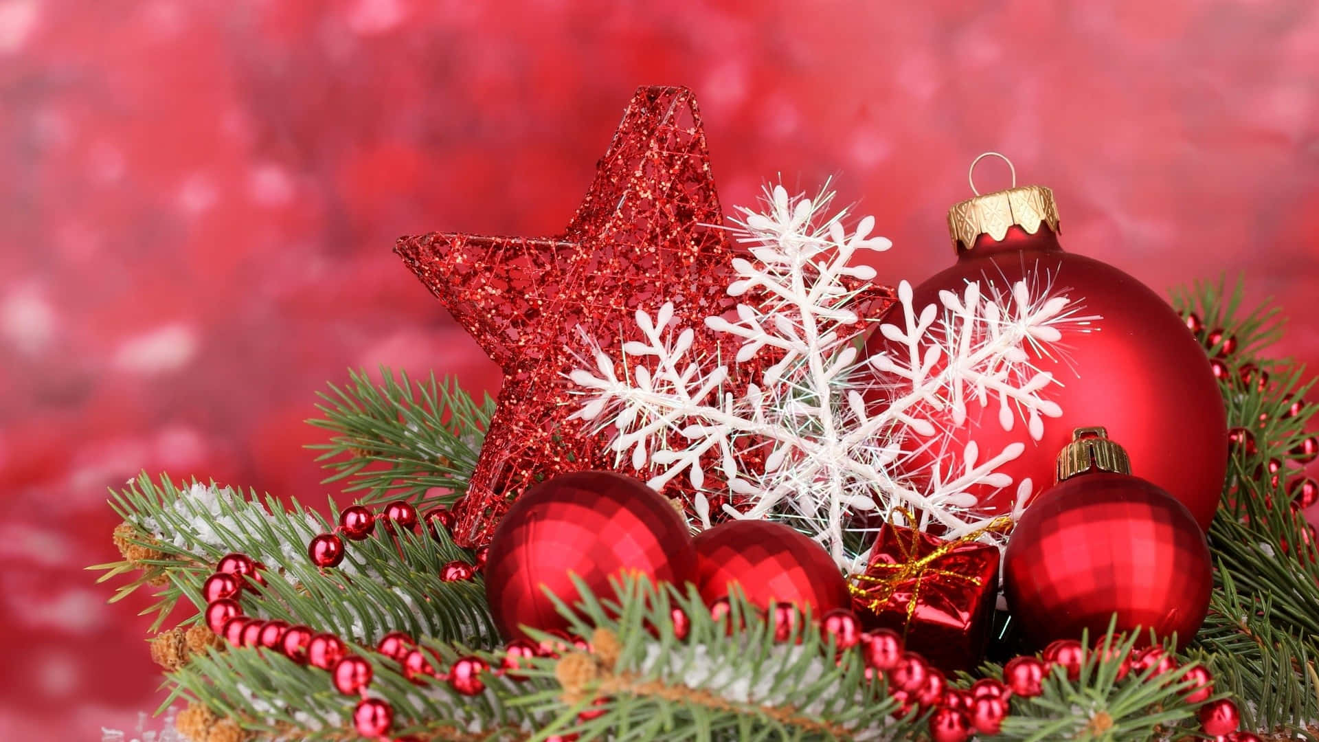rustic log cabin, red ornaments, snowflake, Full HD Desktop Wallpaper