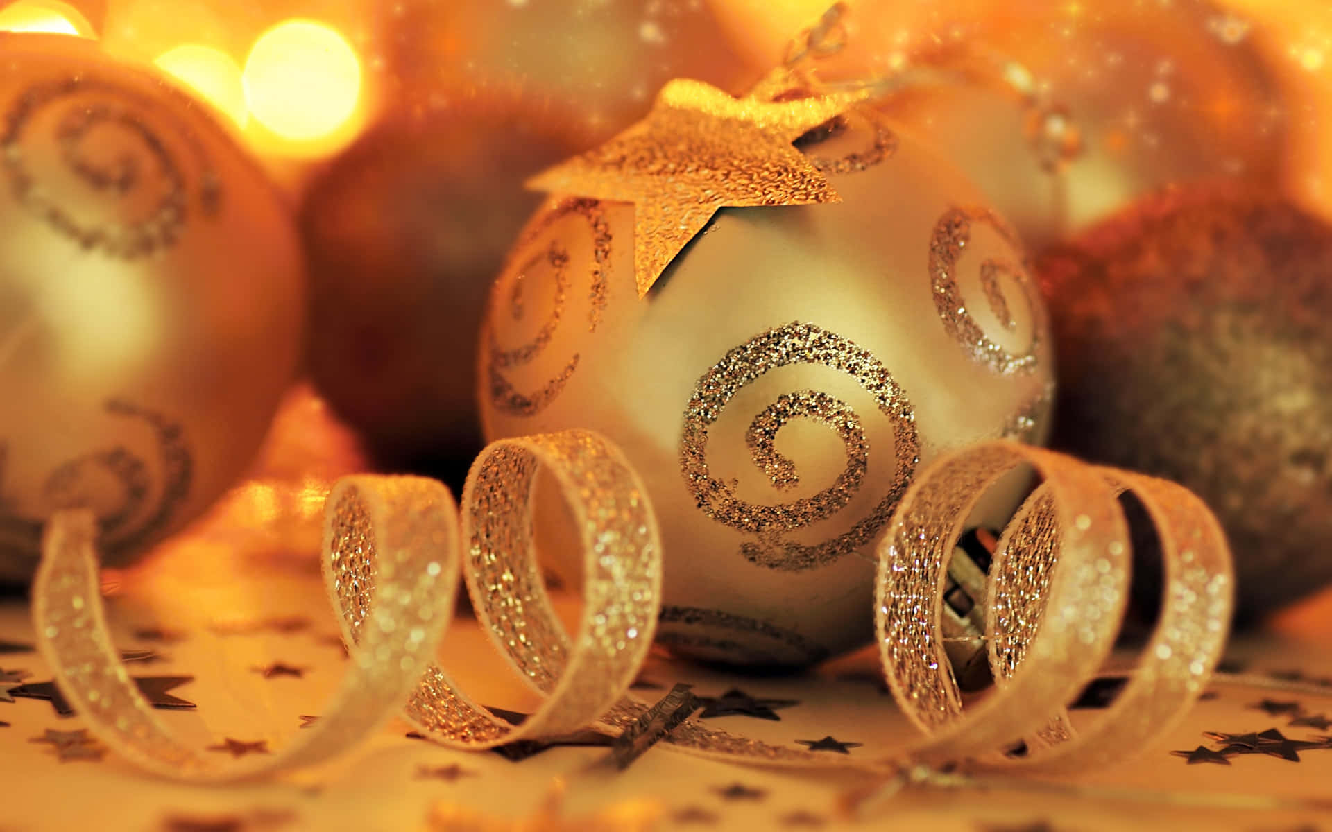 Golden glittery Christmas ornaments, spiral patterns, curled ribbons, Full HD Desktop Wallpaper