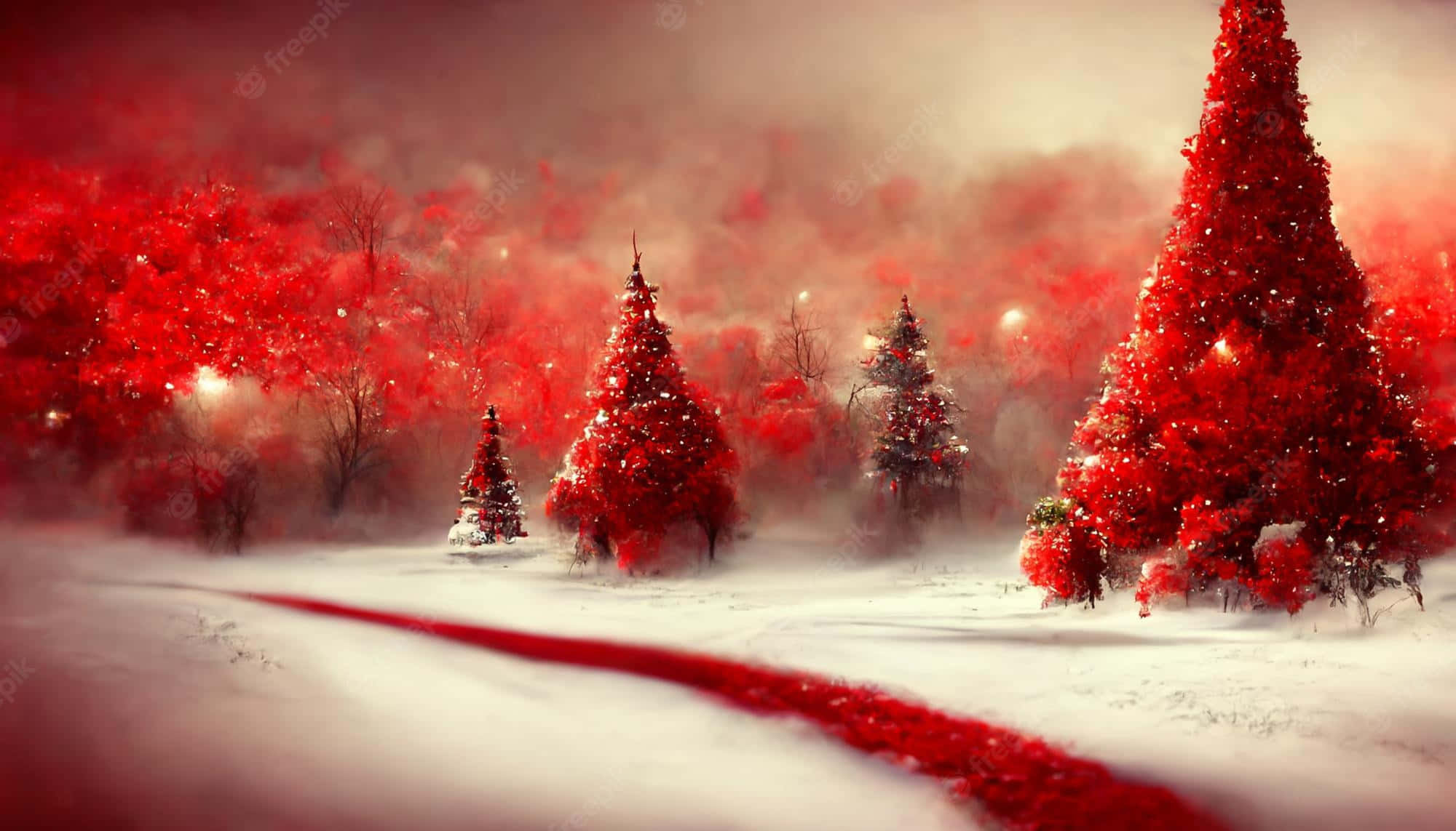 Frosty Winter Holiday Desktop, snow-covered trees, vivid red, Full HD Desktop Wallpaper