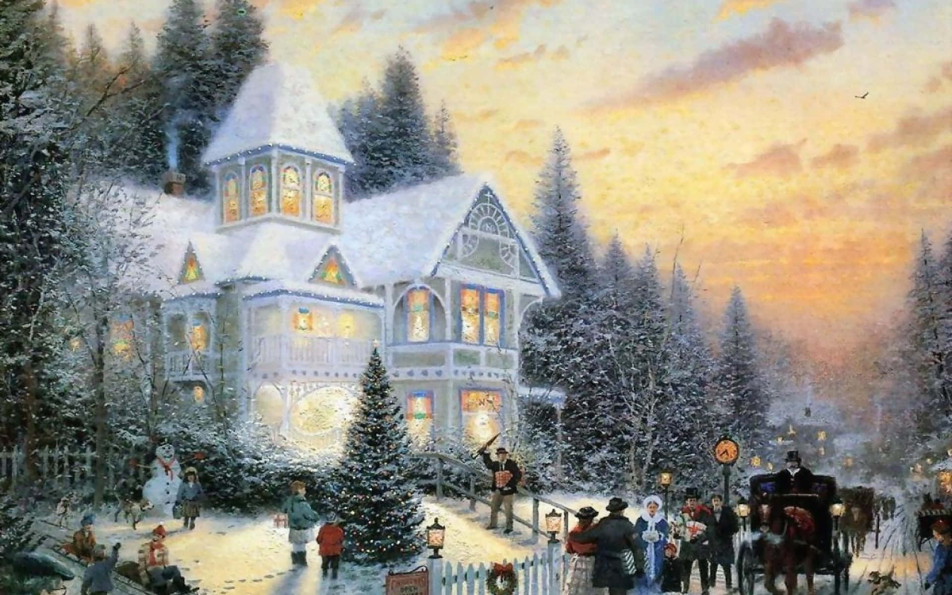Winter Christmas Desktop, Victorian house, snow-covered, Full HD Desktop Wallpaper