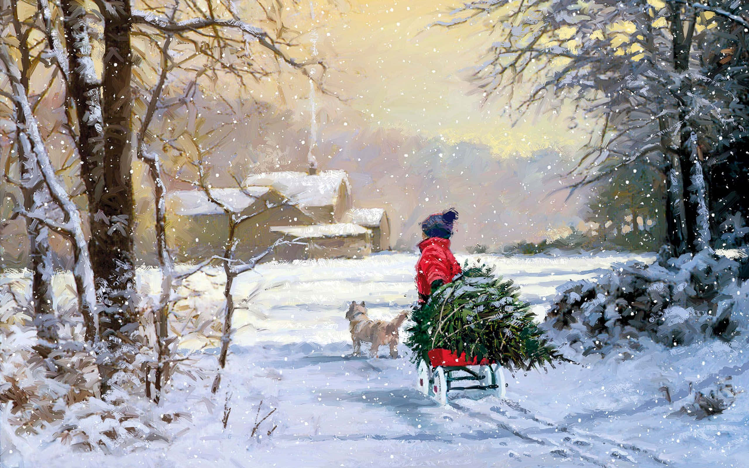 Winter Christmas Child Desktop, red coat, sled, 2K Desktop Wallpaper