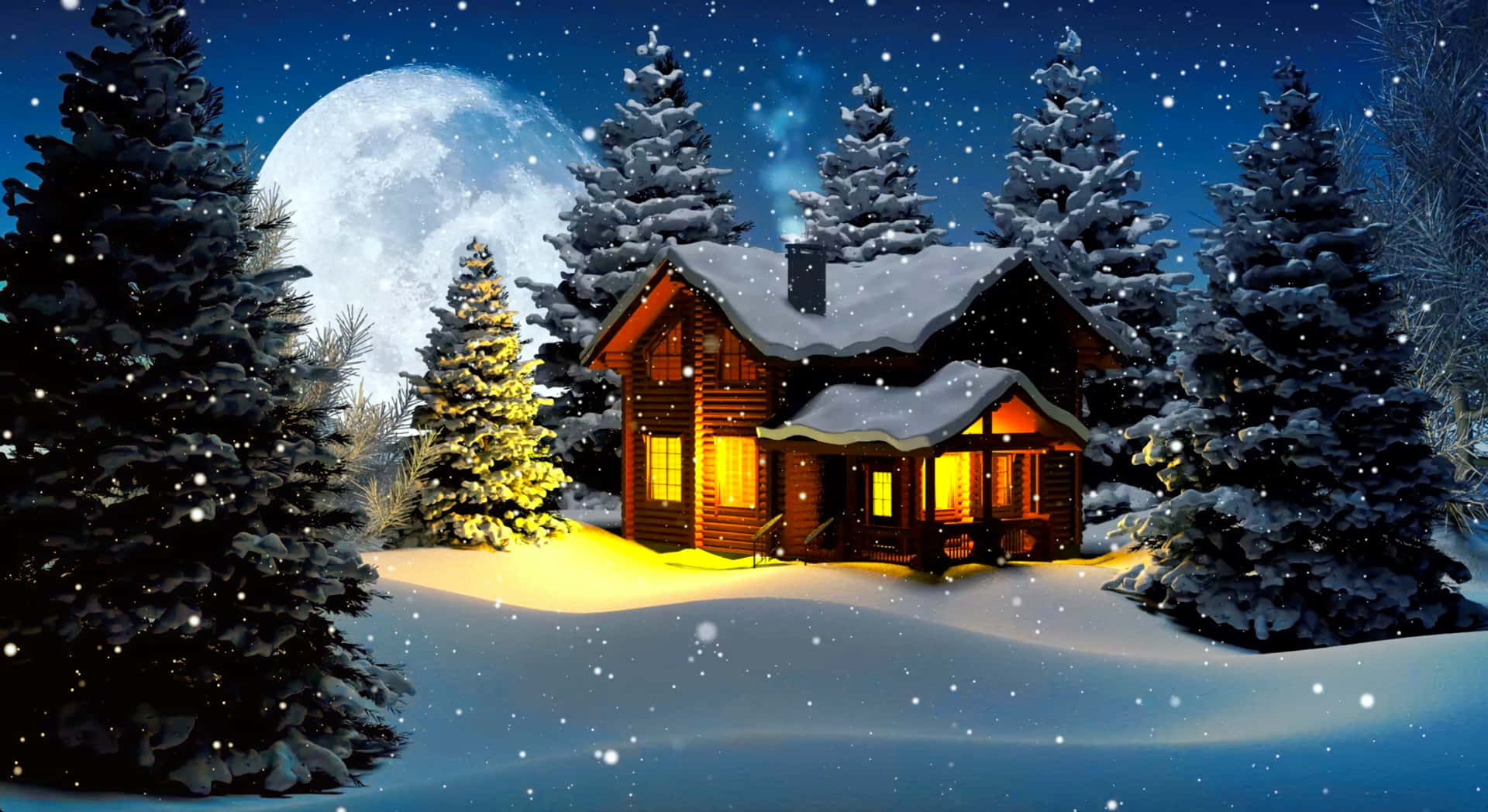 winter christmas desktop, wooden cabin, snowy moonlit sky, Full HD Desktop Wallpaper
