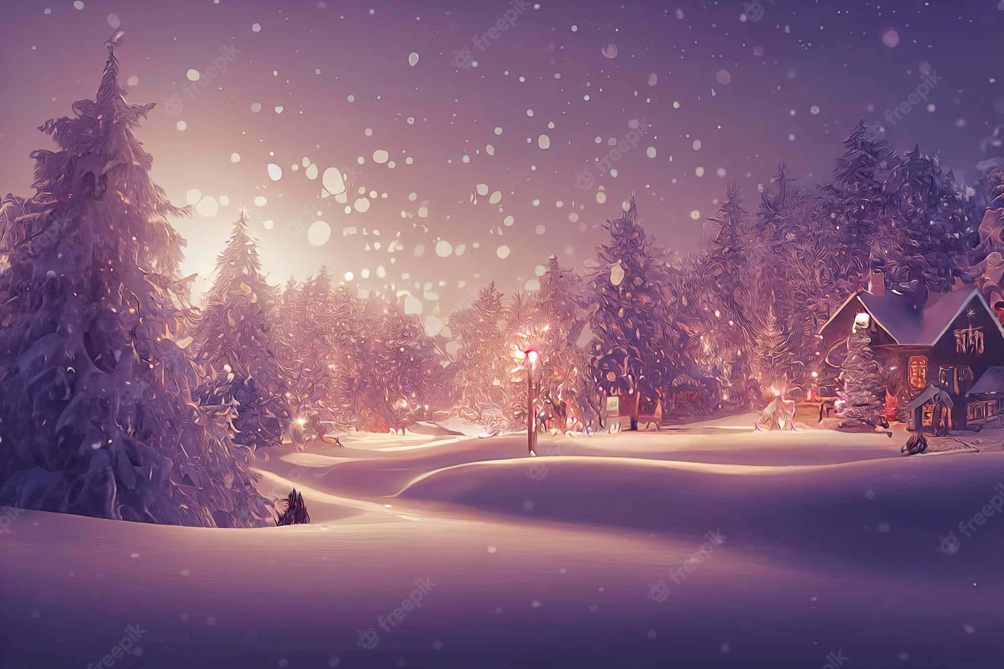 Winter Christmas Desktop, snow-covered cabin, pine forest, Full HD Desktop Wallpaper