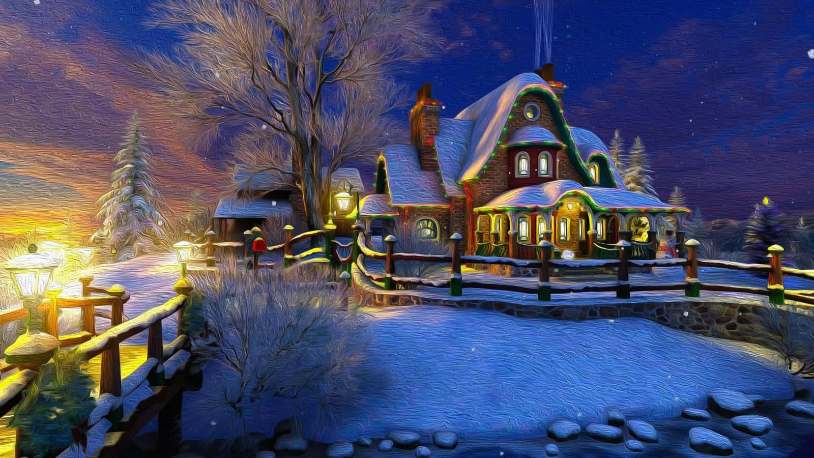 cozy winter desktop, snow-covered cottage, starry twilight sky, HD Desktop Wallpaper
