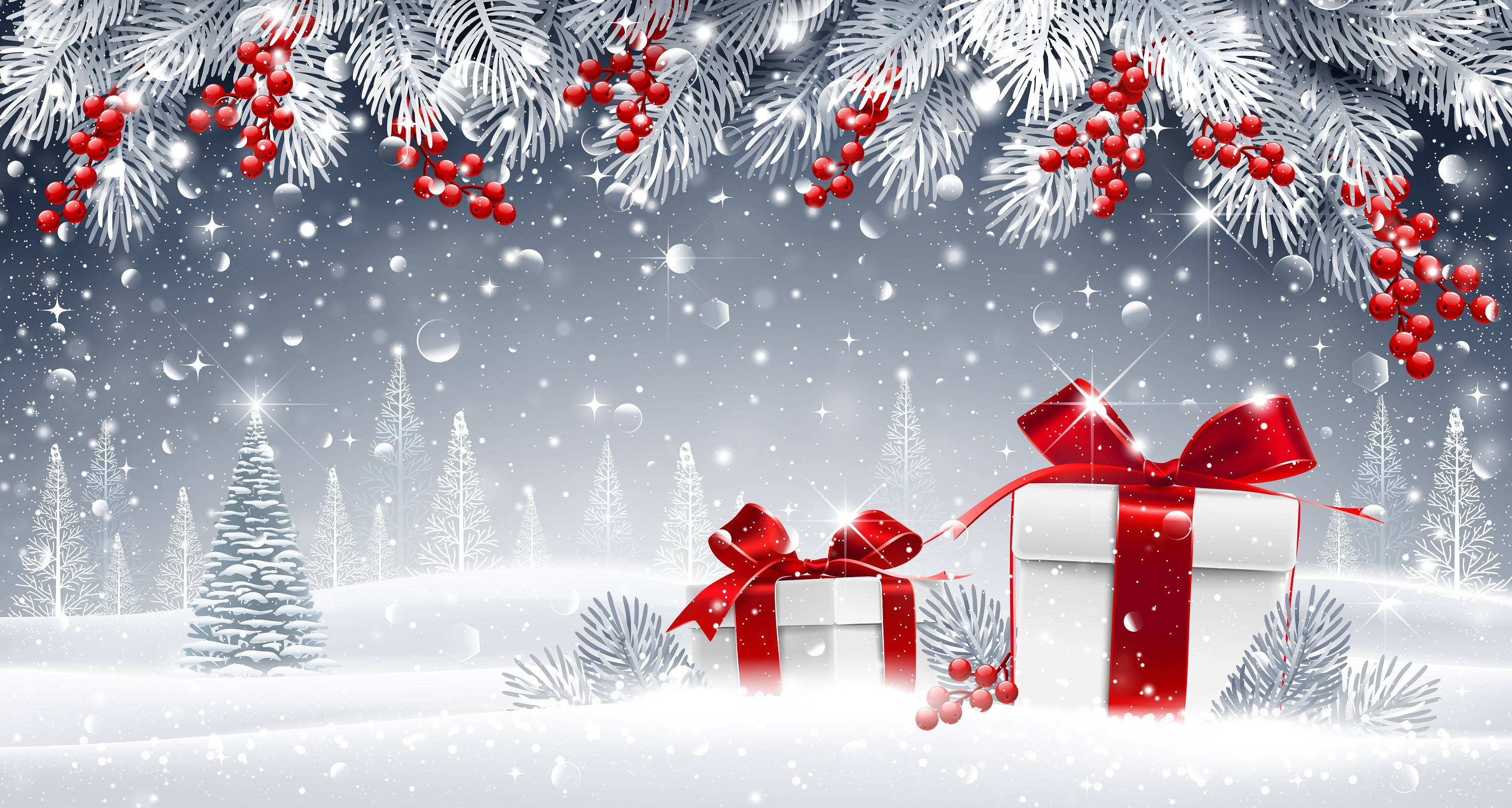snow, winter forest, red gift boxes with bows, 2K Desktop Wallpaper