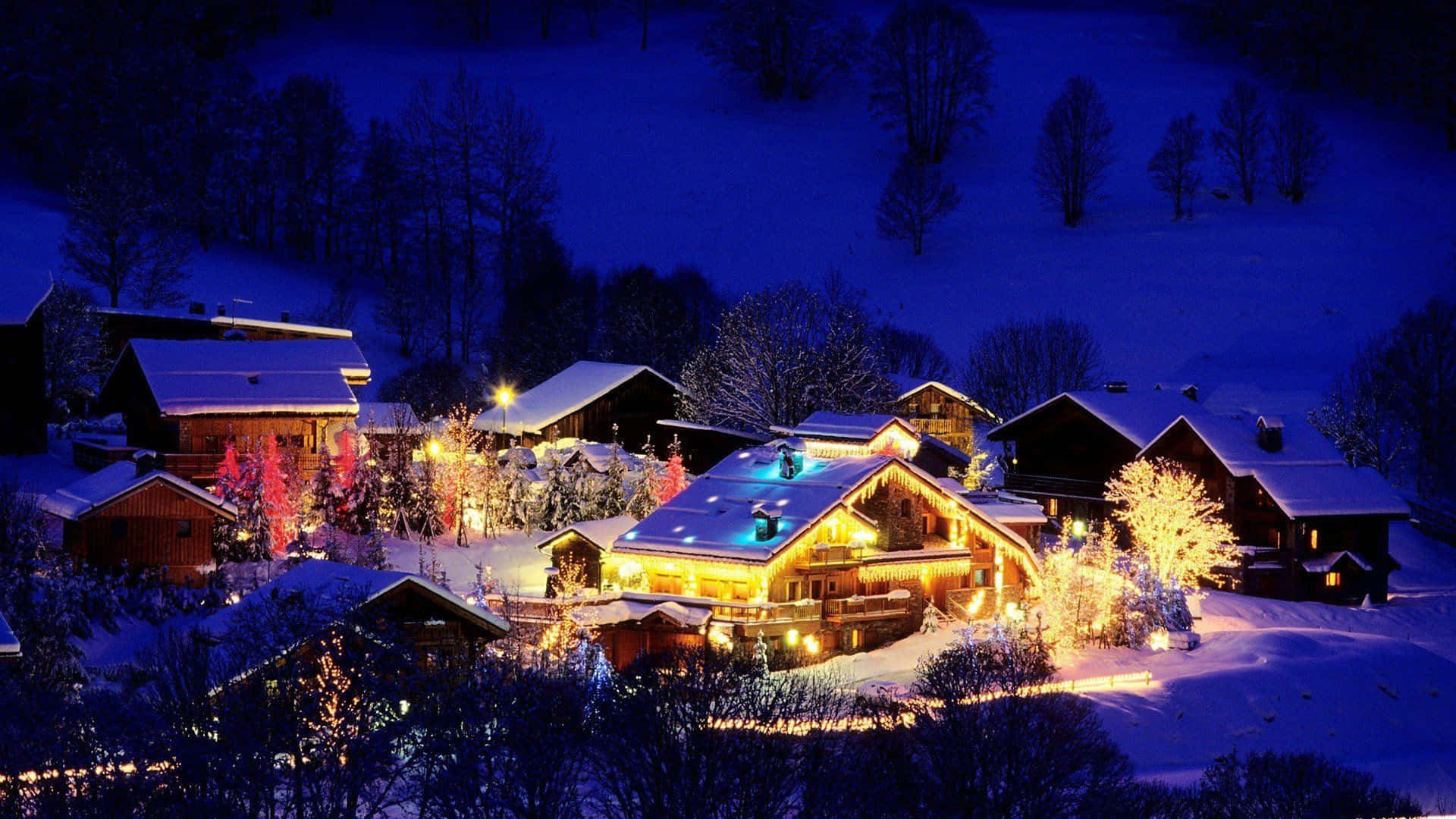 winter christmas desktop, snow-covered chalets, deep blue winter night sky, Full HD Desktop Wallpaper