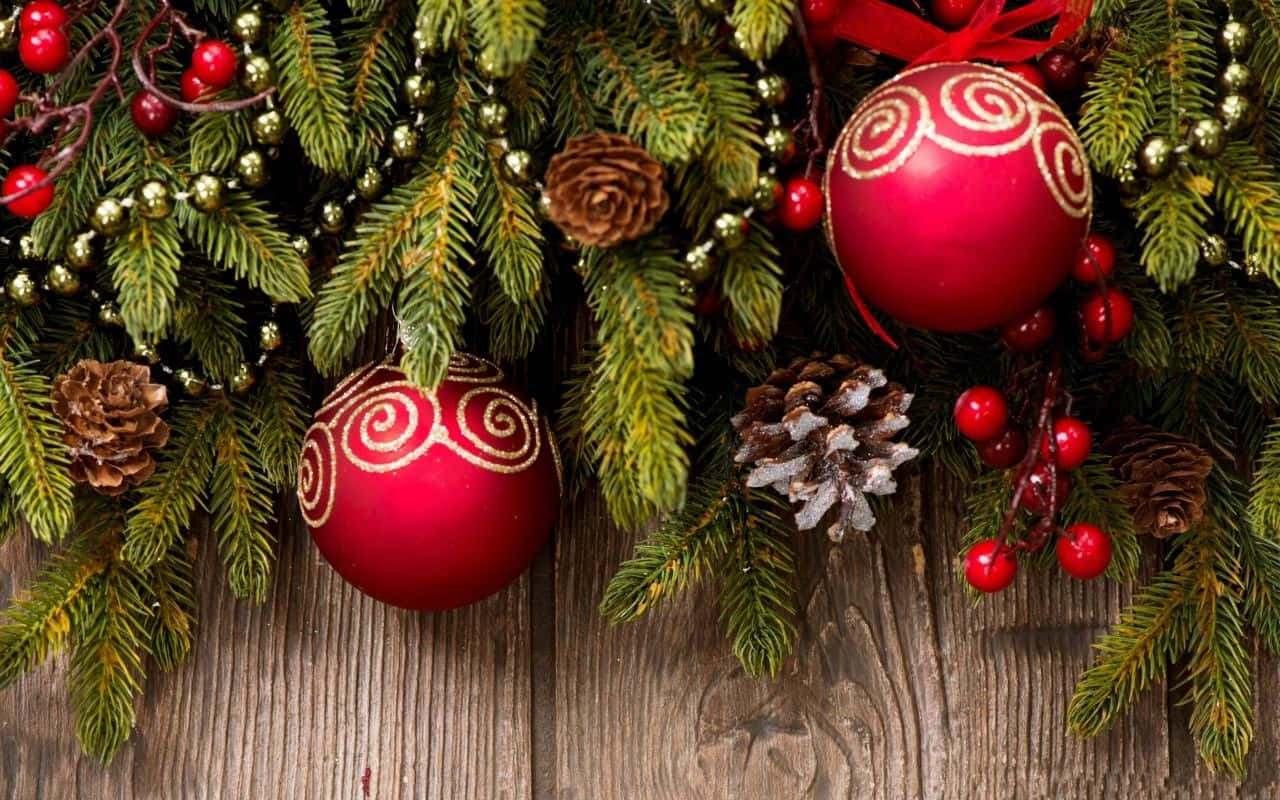 Christmas decorations, wooden background, vibrant red ornaments, HD Desktop Wallpaper